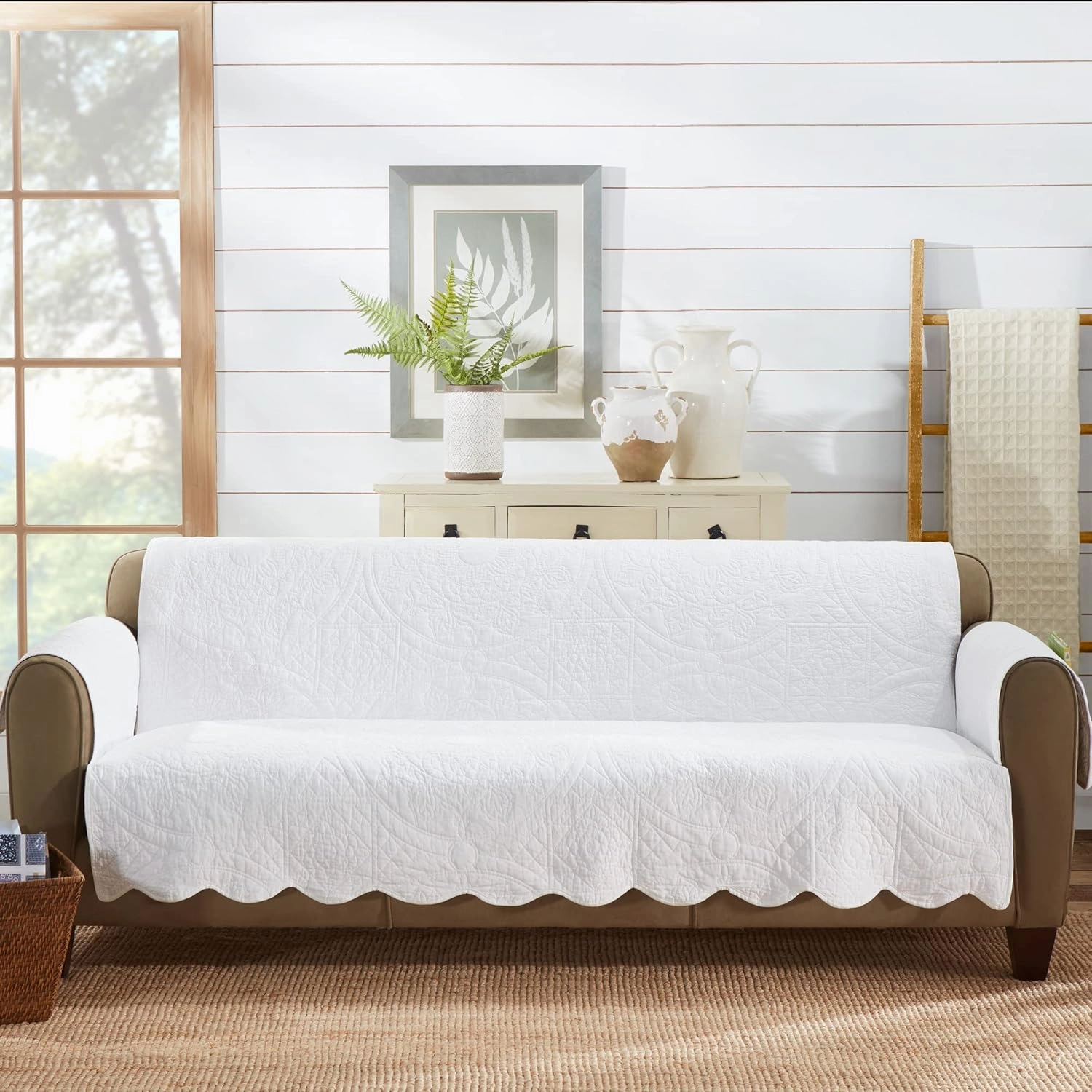 SureFit Heirloom Quilted Cotton Furniture Cover with Scallop Edge, Sofa Cover, Pet Friendly, Machine Washable, Grey