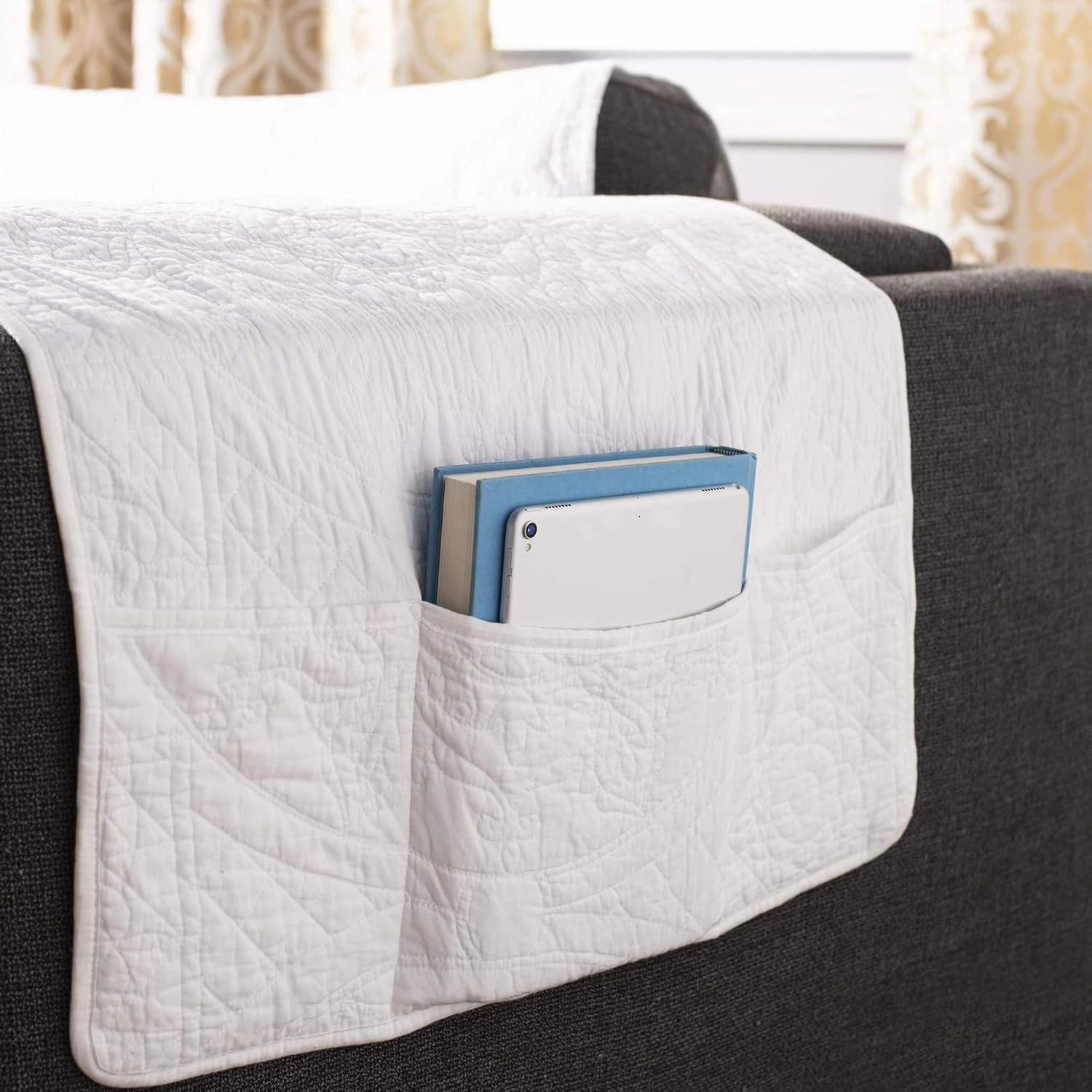 SureFit Heirloom Quilted Cotton Furniture Cover with Scallop Edge, Sofa Cover, Pet Friendly, Machine Washable, Grey