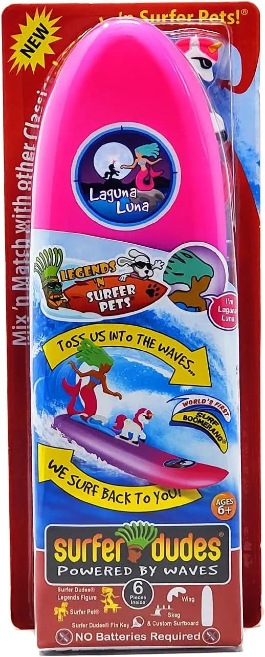 Surfer Dudes Legends & Surfer Pets Wave Powered Mini-Surfer, Pet and Surfboard Beach Toy - Laguna Luna and Astra