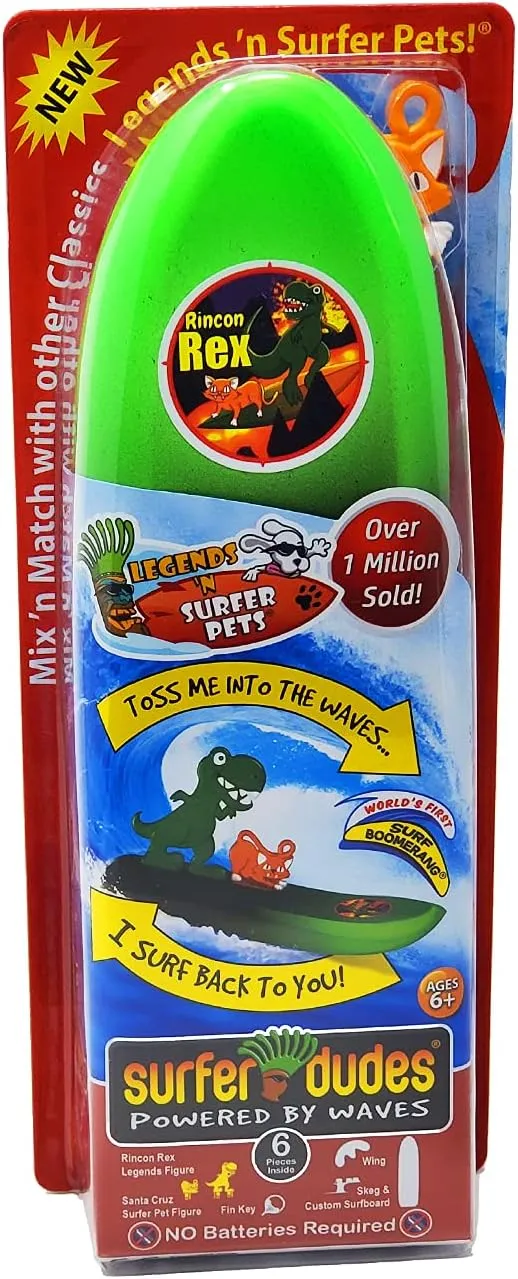 Surfer Dudes Legends & Surfer Pets Wave Powered Mini-Surfer, Pet and Surfboard Beach Toy - Rincon Rex and Santa Cruz
