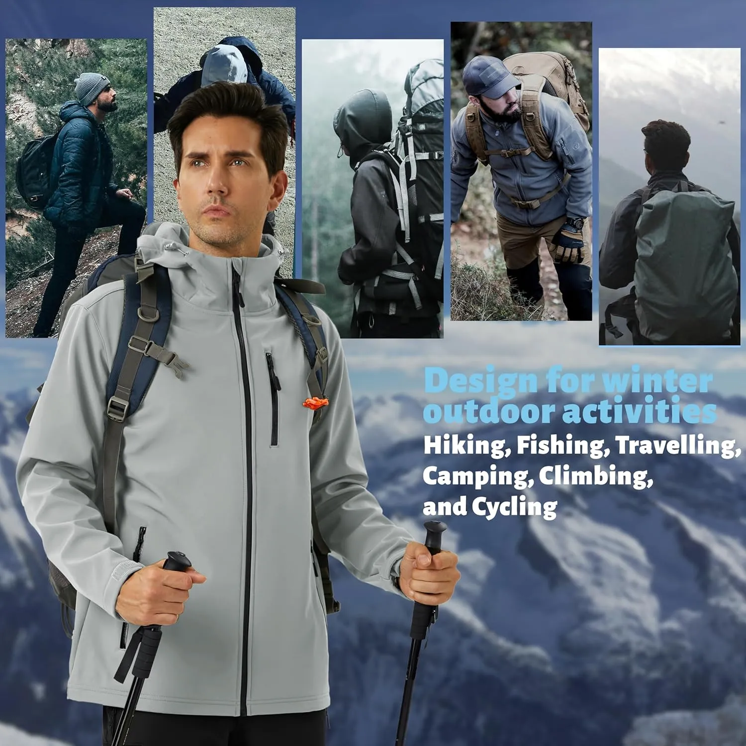 TACVASEN Men's Hooded Softshell Jacket Lightweight Waterproof Fleece Lined Windbreaker Rain Jacket Winter Outdoor Hiking