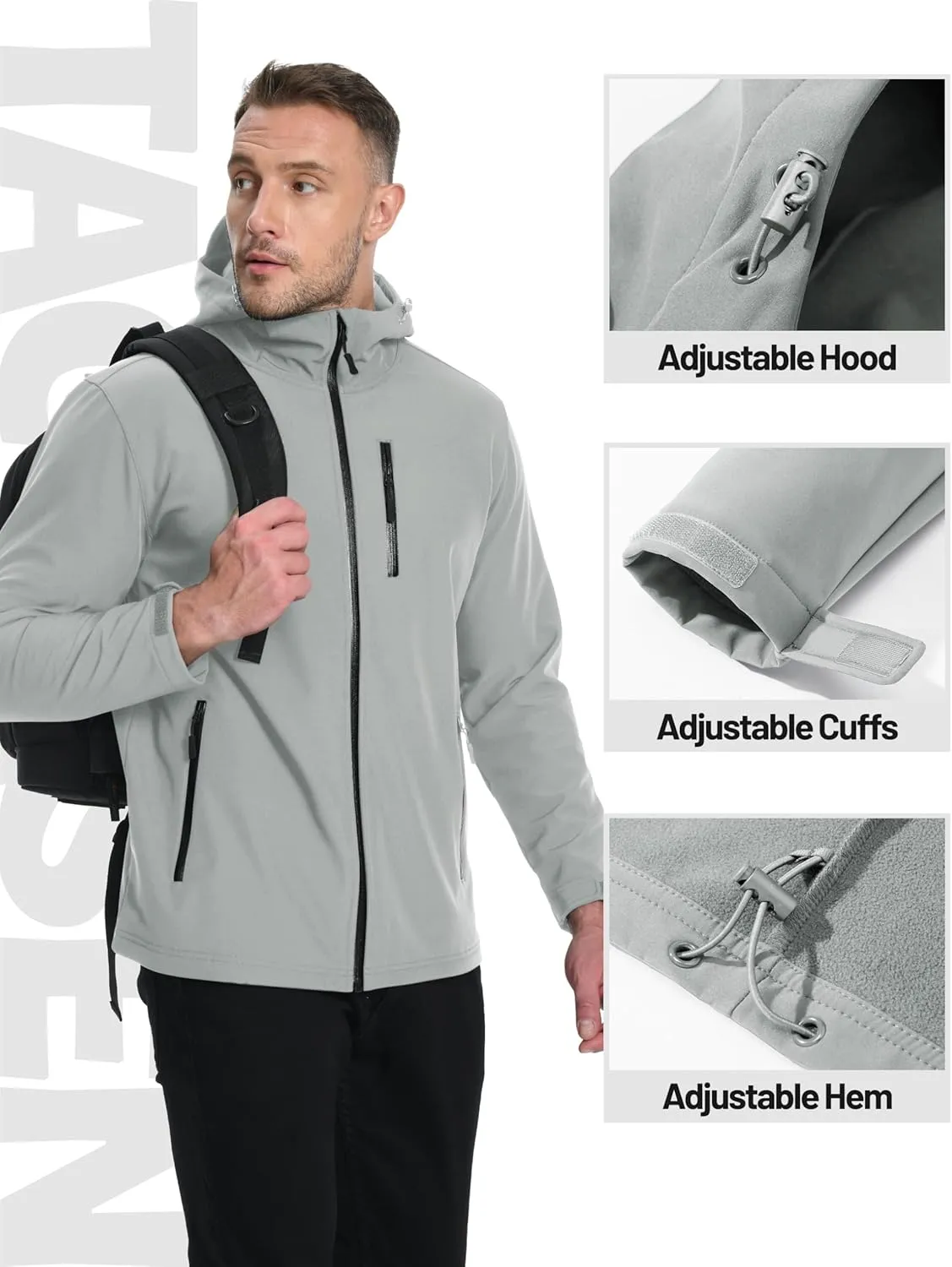 TACVASEN Men's Hooded Softshell Jacket Lightweight Waterproof Fleece Lined Windbreaker Rain Jacket Winter Outdoor Hiking