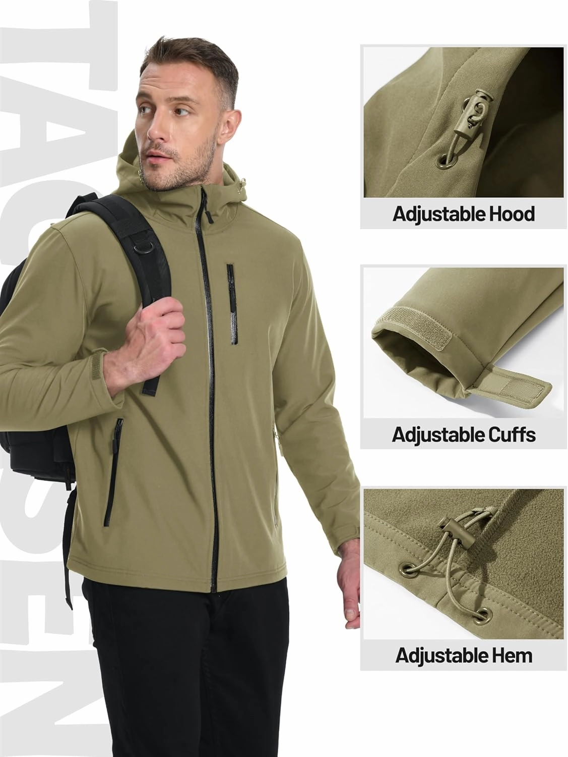TACVASEN Men's Hooded Softshell Jacket Lightweight Waterproof Fleece Lined Windbreaker Rain Jacket Winter Outdoor Hiking