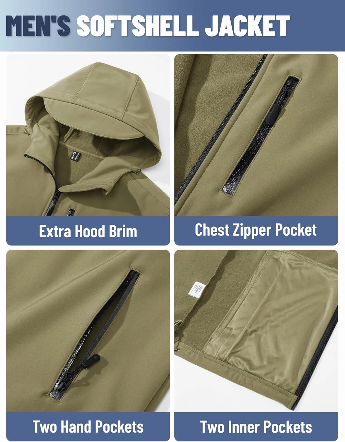 TACVASEN Men's Hooded Softshell Jacket Lightweight Waterproof Fleece Lined Windbreaker Rain Jacket Winter Outdoor Hiking