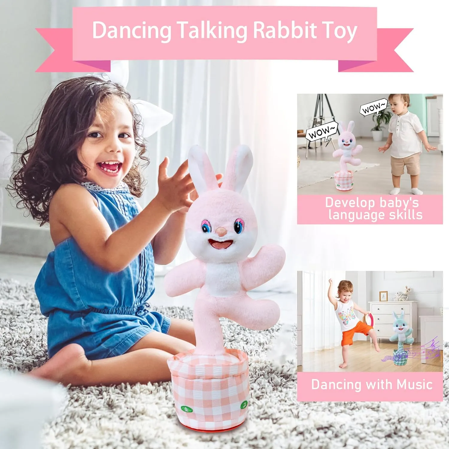 Talking Dancing Bunny Baby Toy for Kids Interactive Plush Toddlers Toys Talking Bunny Repeats What You Say Realistic Plush Educational Toy Teen Easter Bunny Basket stuffers Gifts Girls Boys Birthday