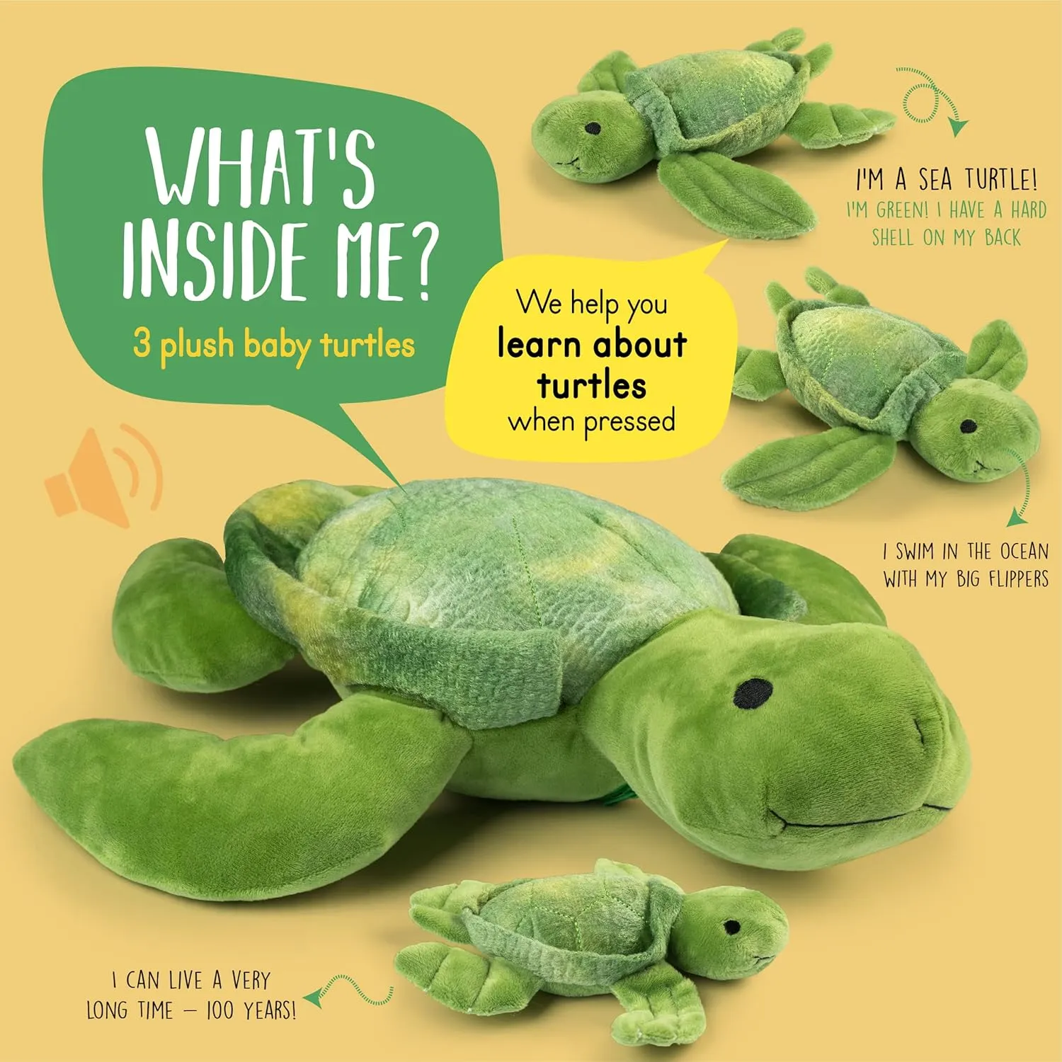 Talking Stuffed Mommy Sea Turtle With 3 Baby Turtles in Her Tummy | Plush Animal Family | Mom and Baby Stuffed Animals for Ages 0 