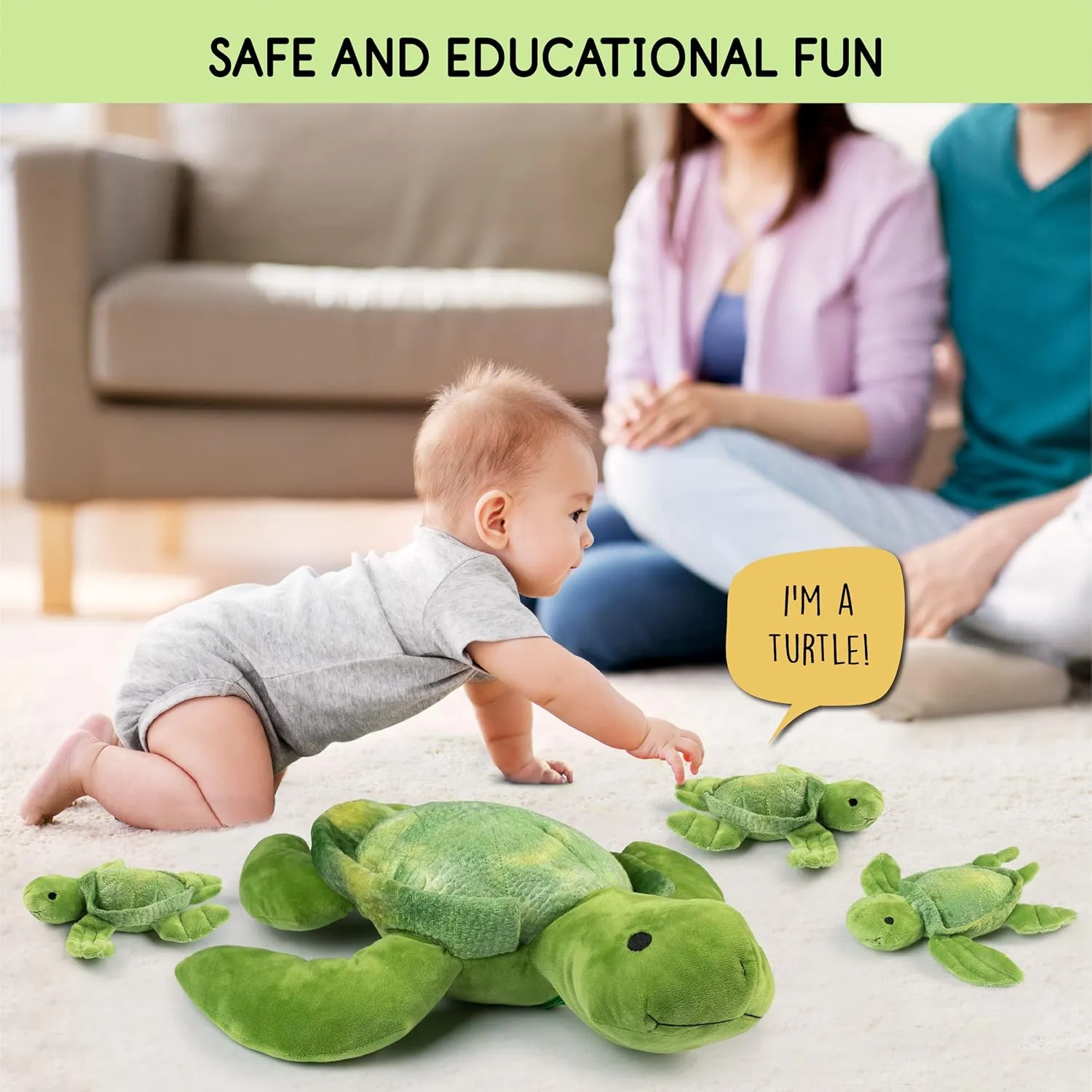 Talking Stuffed Mommy Sea Turtle With 3 Baby Turtles in Her Tummy | Plush Animal Family | Mom and Baby Stuffed Animals for Ages 0 