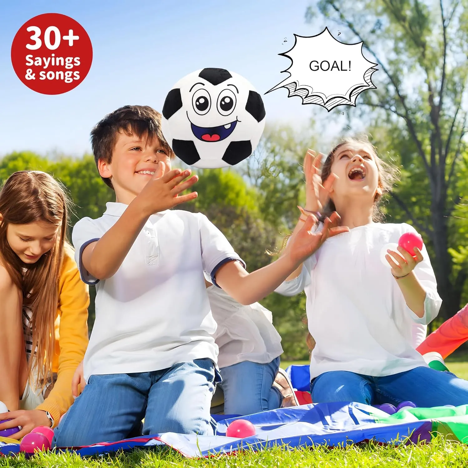 Talking Stuffed Soccer Ball Plush Pillow Soccer Ball Stuffed Animal 8.6" Sports Balls Toy Interactive Soccer plushies with Music and Sound for Kids Toddlers