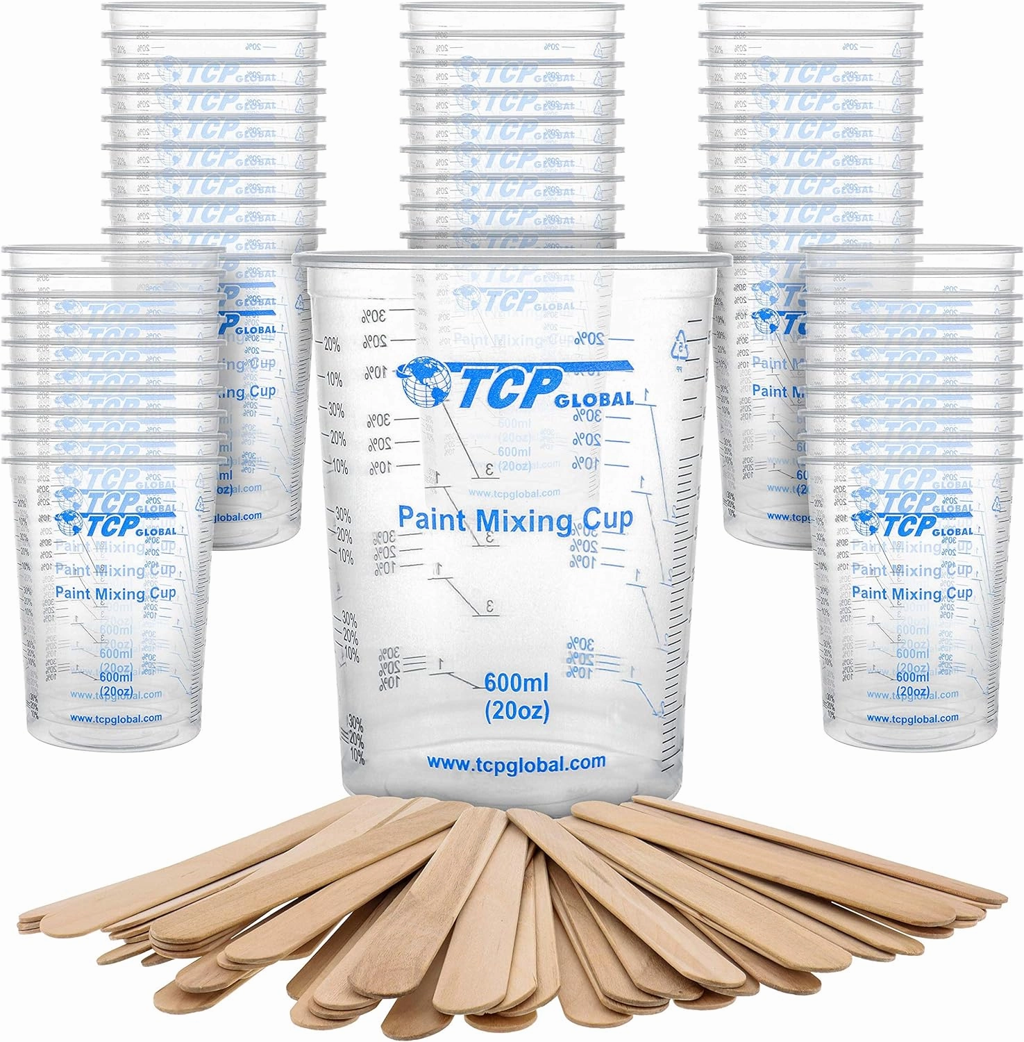 TCP Global 20 Ounce (600ml) Disposable Flexible Clear Graduated Plastic Mixing Cups - Box of 50 Cups & 50 Mixing Sticks - Use for Paint, Resin, Epoxy, Art, Kitchen - Measuring Ratios 2-1, 3-1, 4-1, ML