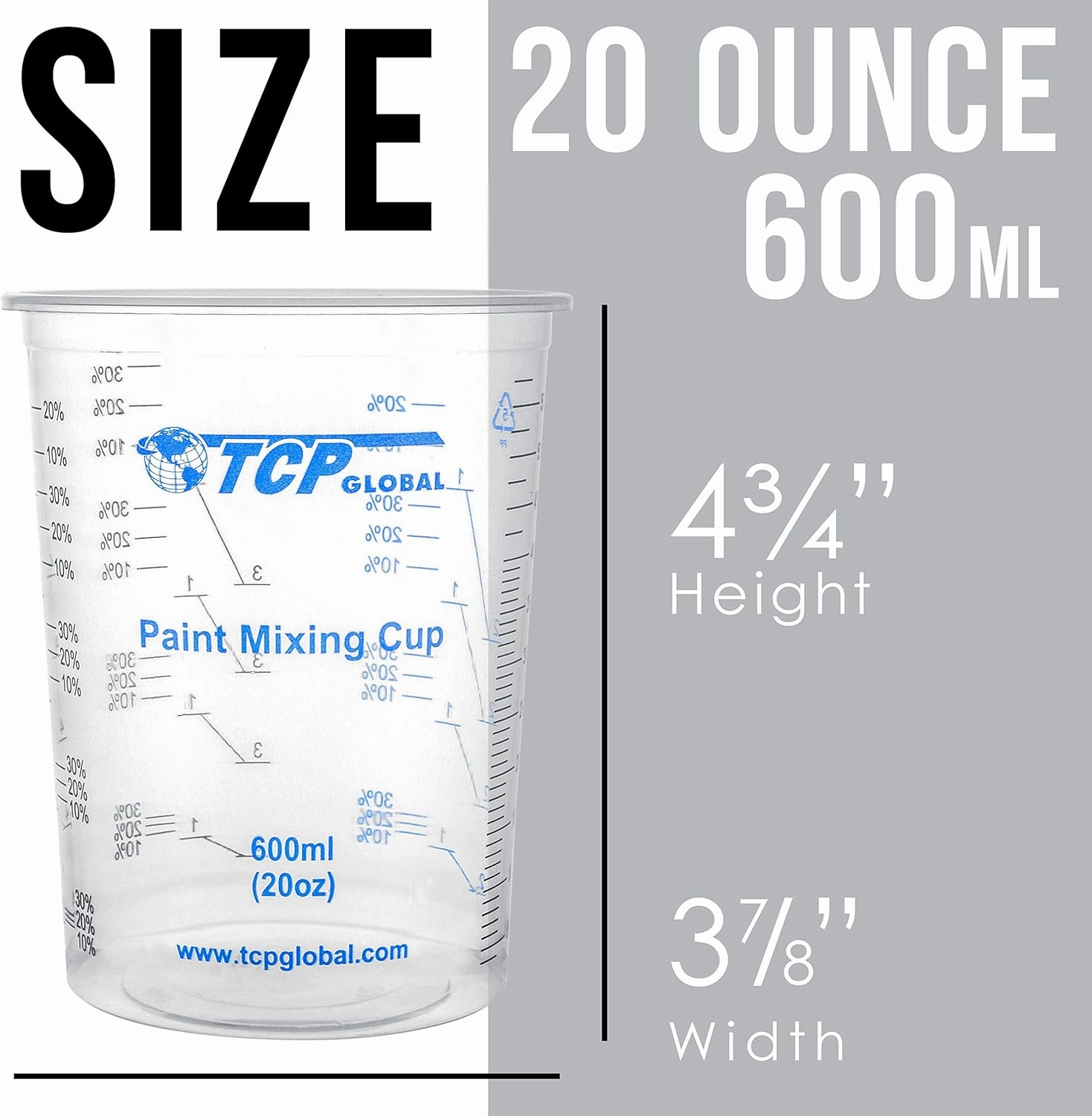 TCP Global 20 Ounce (600ml) Disposable Flexible Clear Graduated Plastic Mixing Cups - Box of 50 Cups & 50 Mixing Sticks - Use for Paint, Resin, Epoxy, Art, Kitchen - Measuring Ratios 2-1, 3-1, 4-1, ML
