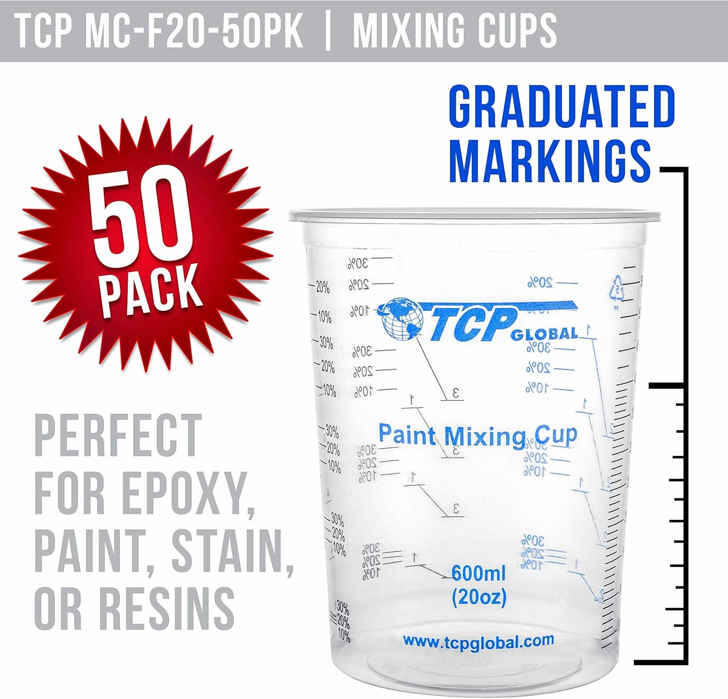 TCP Global 20 Ounce (600ml) Disposable Flexible Clear Graduated Plastic Mixing Cups - Box of 50 Cups & 50 Mixing Sticks - Use for Paint, Resin, Epoxy, Art, Kitchen - Measuring Ratios 2-1, 3-1, 4-1, ML