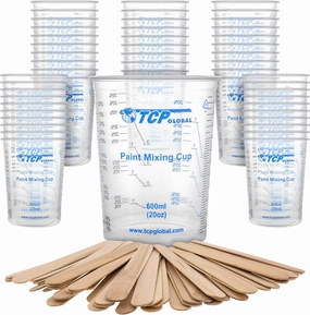 TCP Global 20 Ounce (600ml) Disposable Flexible Clear Graduated Plastic Mixing Cups - Box of 50 Cups & 50 Mixing Sticks - Use for Paint, Resin, Epoxy, Art, Kitchen - Measuring Ratios 2-1, 3-1, 4-1, ML