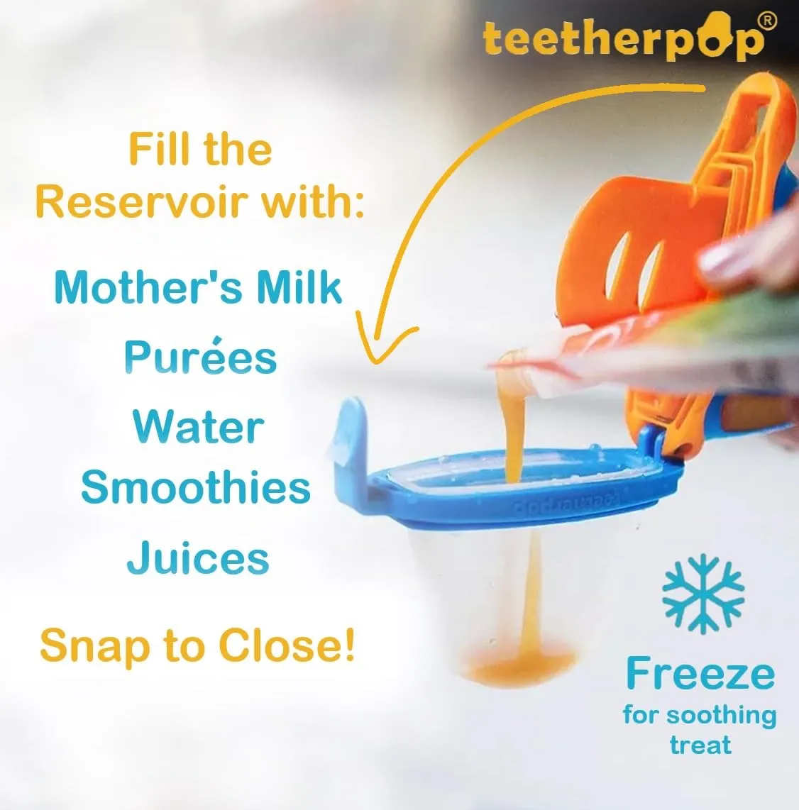 Teetherpop Fillable Silicone Teether for Babies – Breastmilk Popsicle Molds for Teething with Spill-Proof Sippy Slits – Freezable Baby Teethers for Liquids & Purées - Cool Relief BlueOrange, LimonTeal