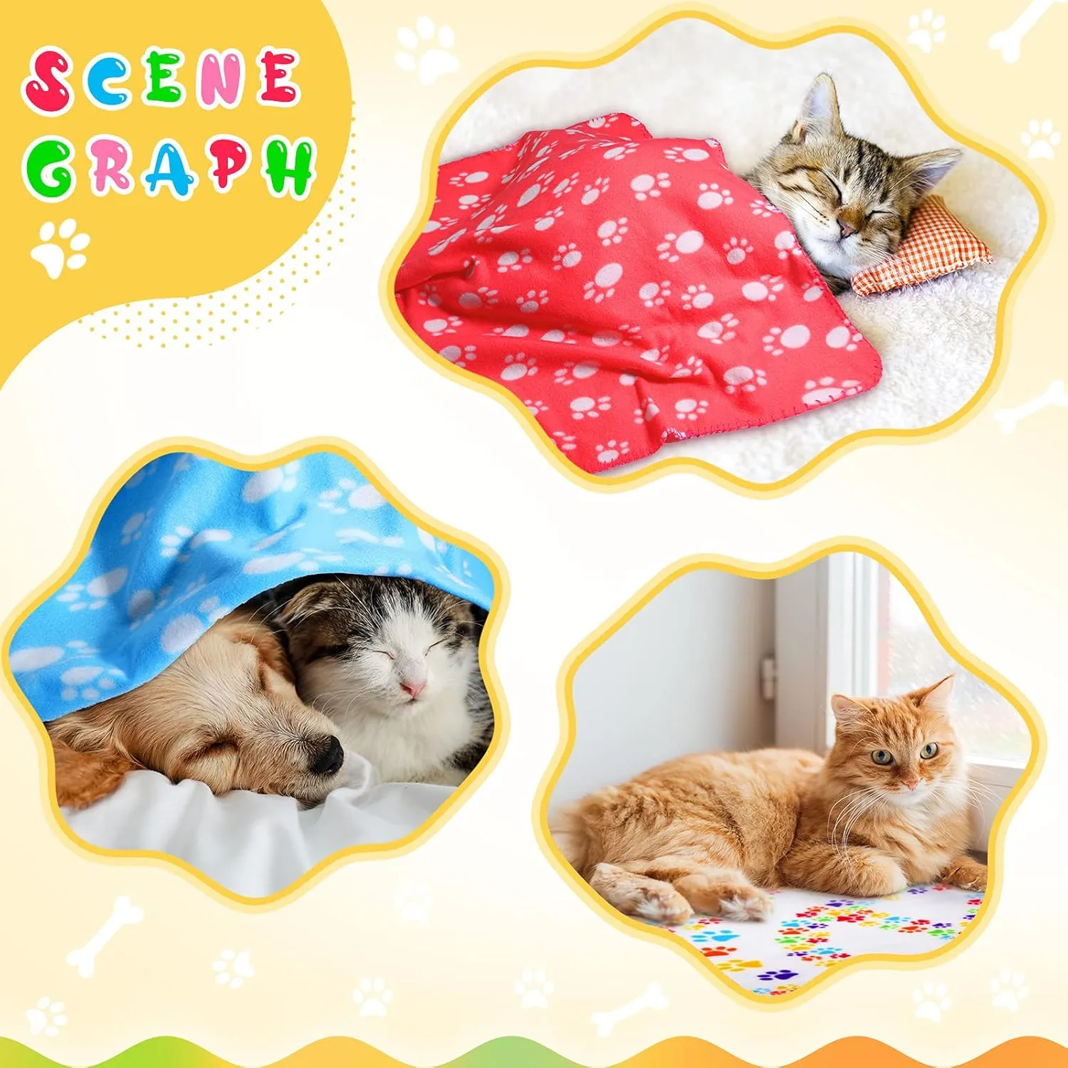 Tegeme 12 Pieces Fleece Blankets for Pets Dog Puppy Paw Print Cat Bedding Cover Blanket for Small Animals Pig Cage Liner Sleep Mat Pad Kitten Soft Warm(Cute Style,28 x 24 Inches)