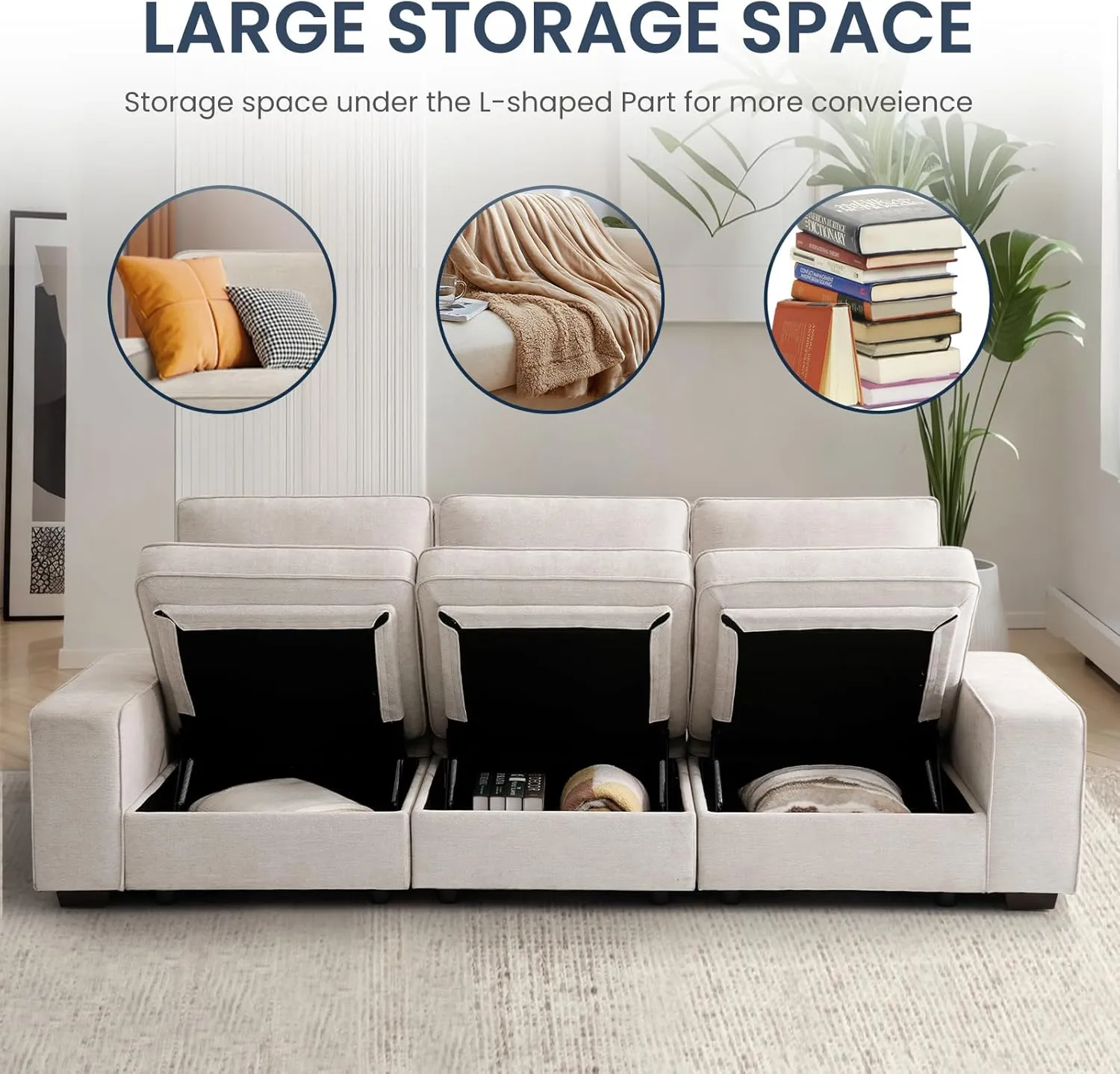 TEKAMON 100" Modular Sofa with Seats Storage, Comfy 3-Seater Chenille Fabric Couch for Living Room, Office, Apart W/Deep Seat, Wide Arms, Side Pockets, USB, Upholstered Couch W/Removable Cover
