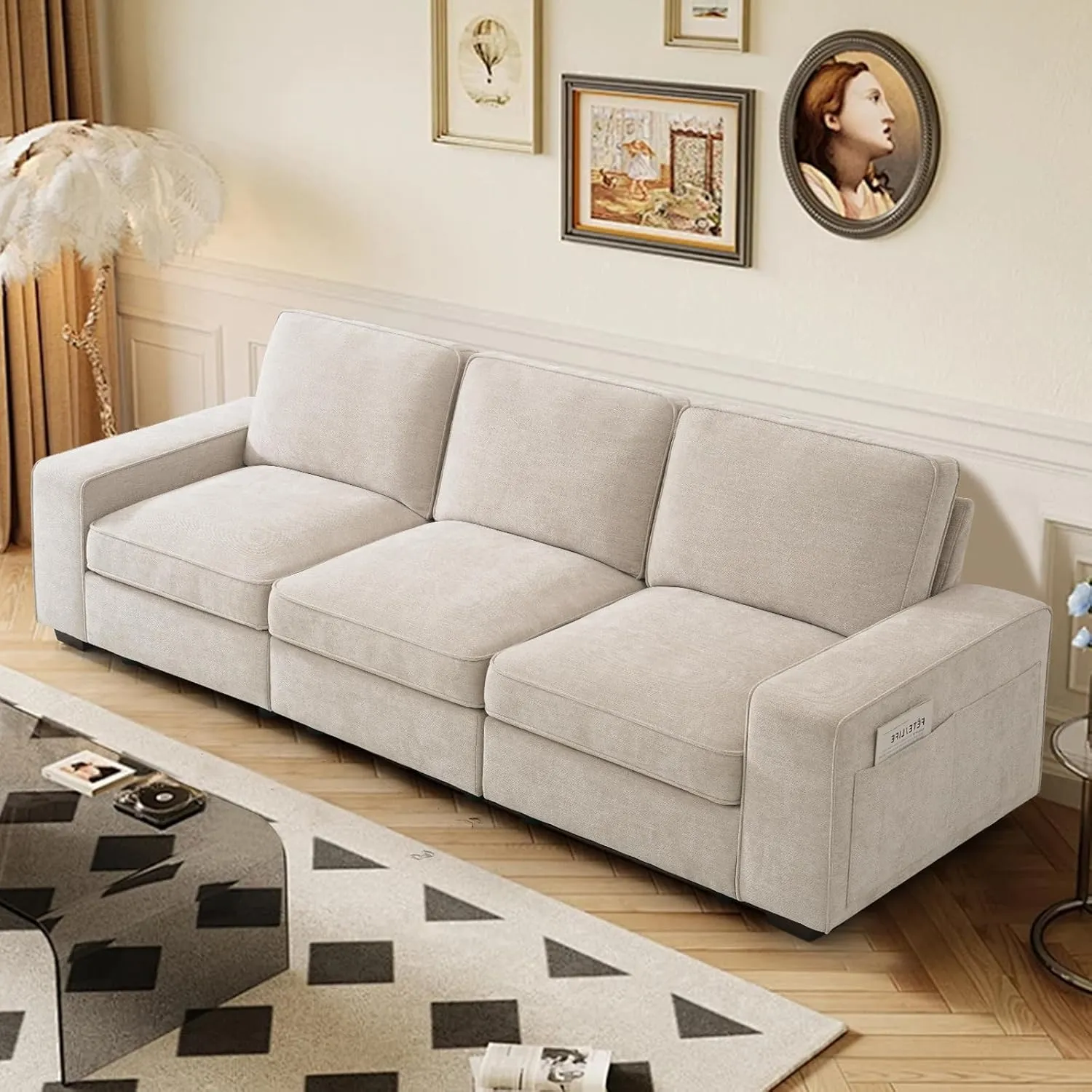 TEKAMON 100" Modular Sofa with Seats Storage, Comfy 3-Seater Chenille Fabric Couch for Living Room, Office, Apart W/Deep Seat, Wide Arms, Side Pockets, USB, Upholstered Couch W/Removable Cover