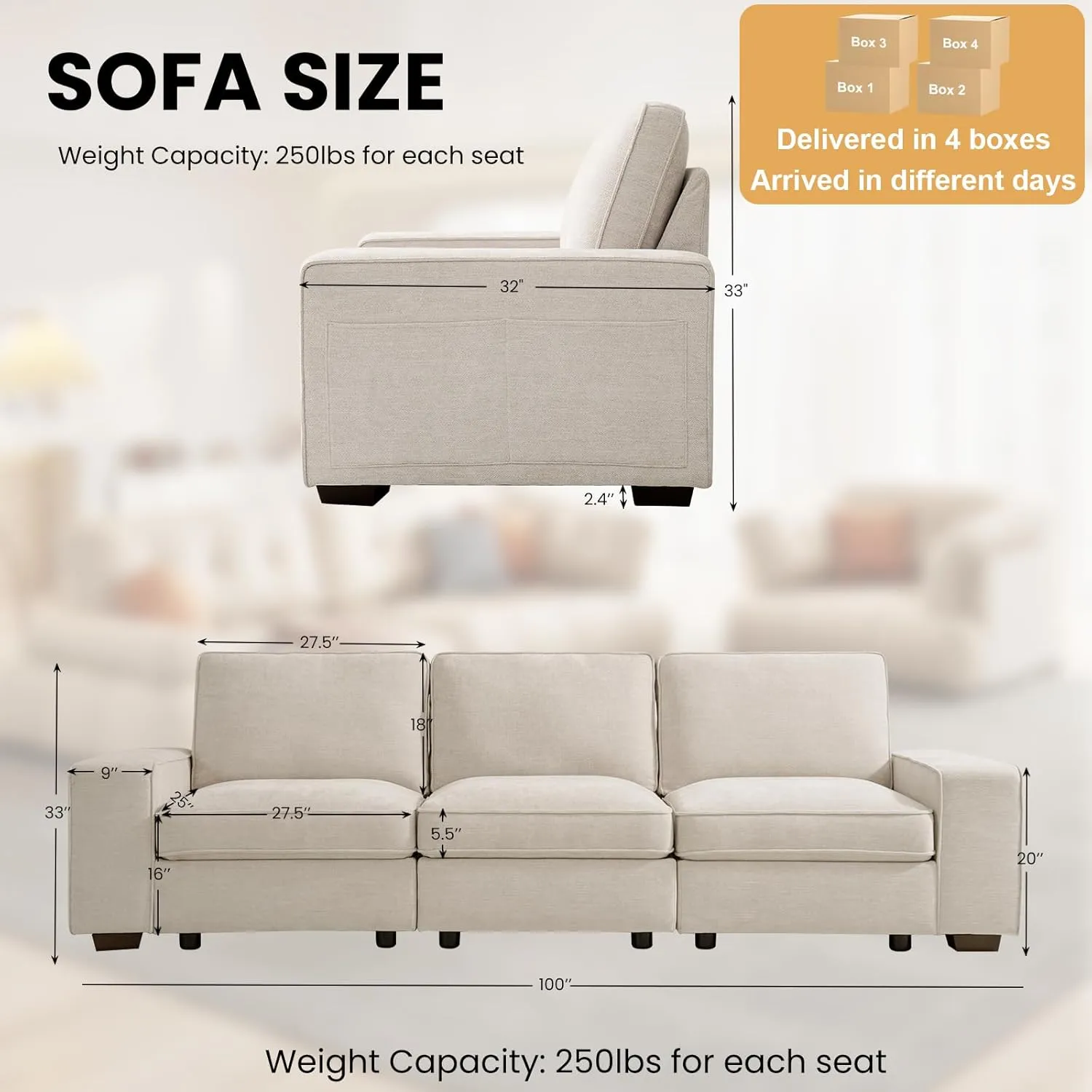 TEKAMON 100" Modular Sofa with Seats Storage, Comfy 3-Seater Chenille Fabric Couch for Living Room, Office, Apart W/Deep Seat, Wide Arms, Side Pockets, USB, Upholstered Couch W/Removable Cover