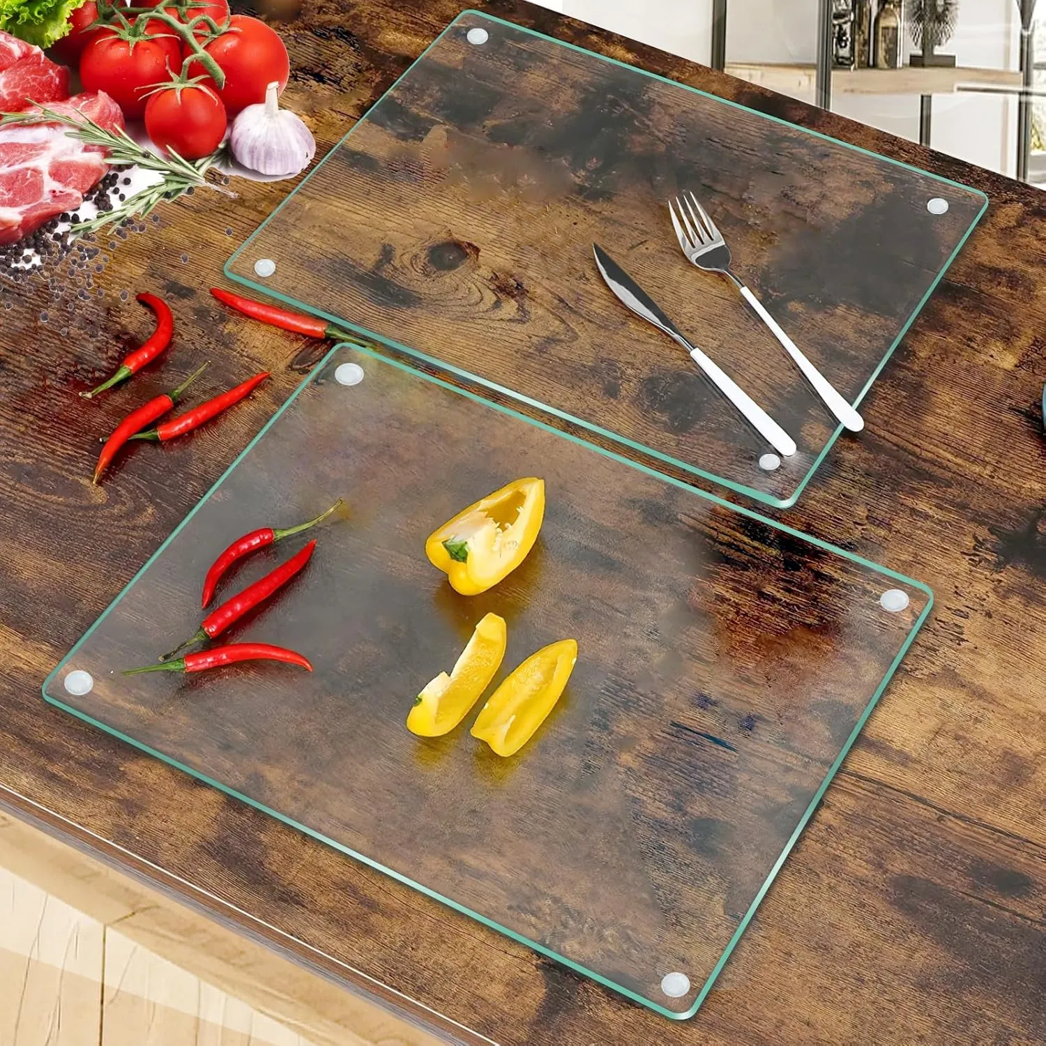 Tempered Glass Cutting Boards for Kitchen,Clear Cutting Board for Countertop,Non-slip Chopping Board,Table protection, Heat Resistant, Shatter Resistant (Clear, Set of 4)