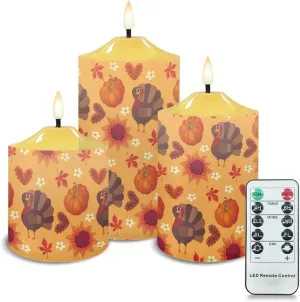 Thanksgiving Flameless Candles Luminicious Fall Turkey Pumpkin Battery Operated Candles with Timer 3 Pack Outdoor LED Timer Candle Lights