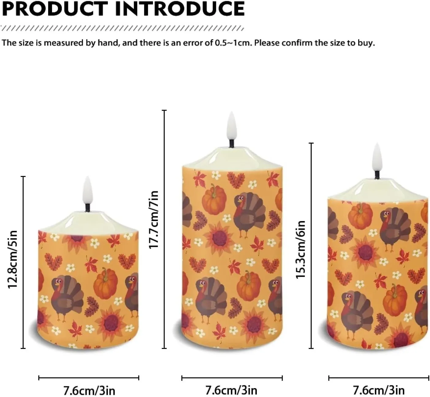 Thanksgiving Flameless Candles Luminicious Fall Turkey Pumpkin Battery Operated Candles with Timer 3 Pack Outdoor LED Timer Candle Lights