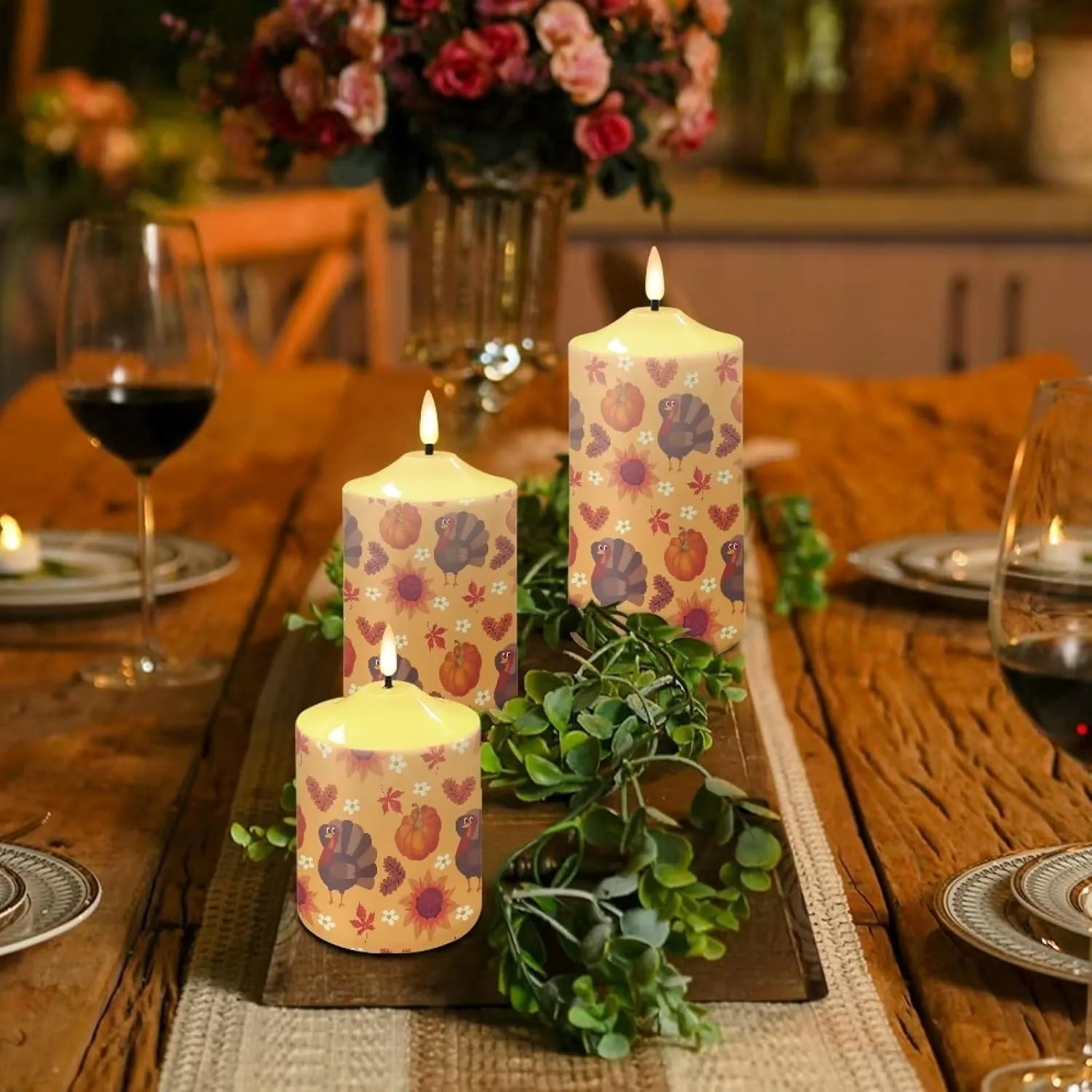 Thanksgiving Flameless Candles Luminicious Fall Turkey Pumpkin Battery Operated Candles with Timer 3 Pack Outdoor LED Timer Candle Lights