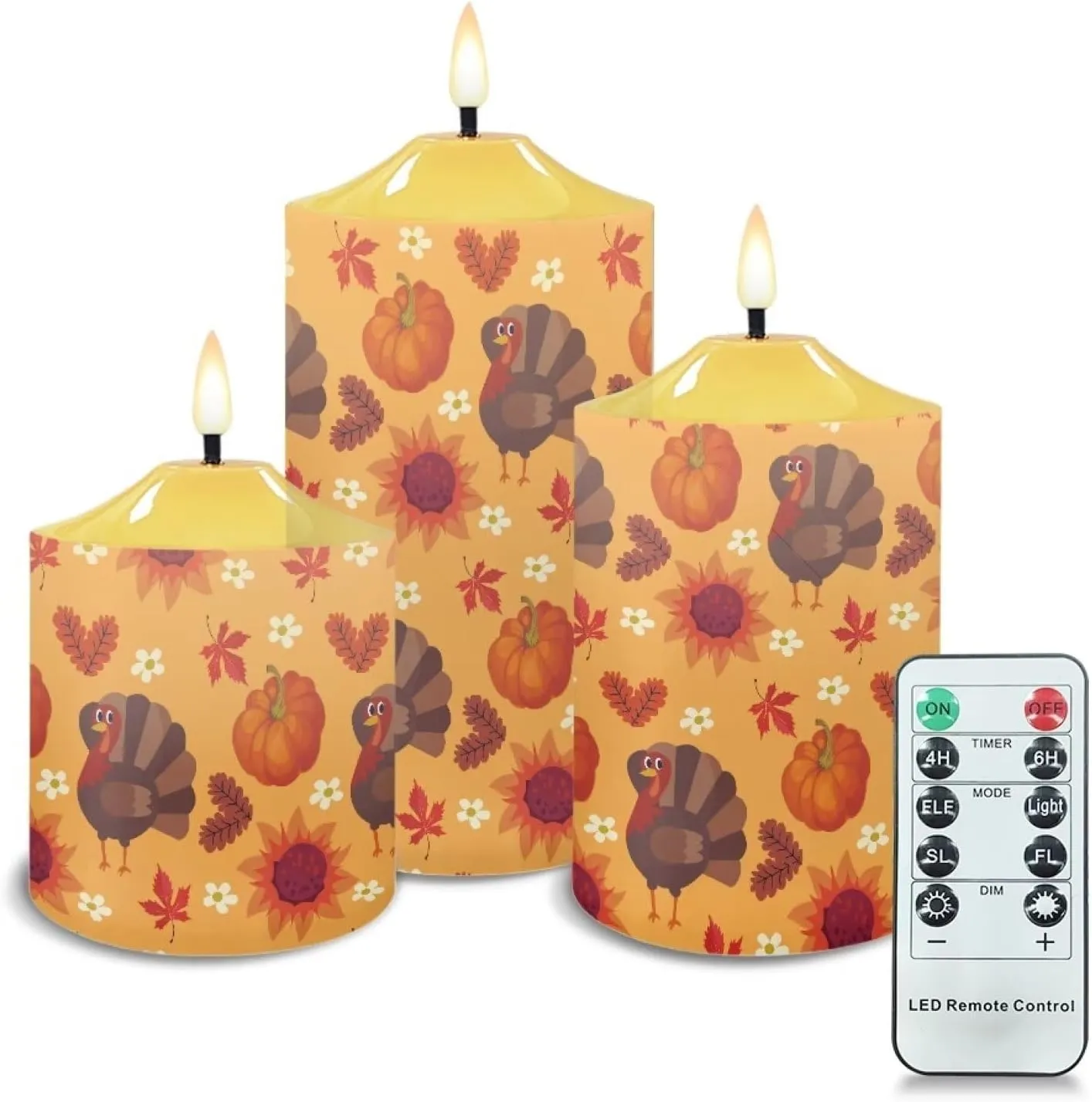 Thanksgiving Flameless Candles Luminicious Fall Turkey Pumpkin Battery Operated Candles with Timer 3 Pack Outdoor LED Timer Candle Lights