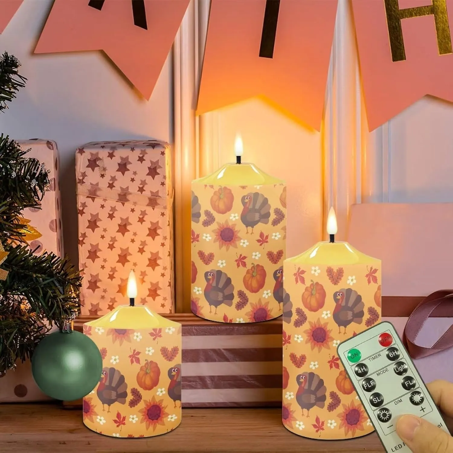 Thanksgiving Flameless Candles Luminicious Fall Turkey Pumpkin Battery Operated Candles with Timer 3 Pack Outdoor LED Timer Candle Lights