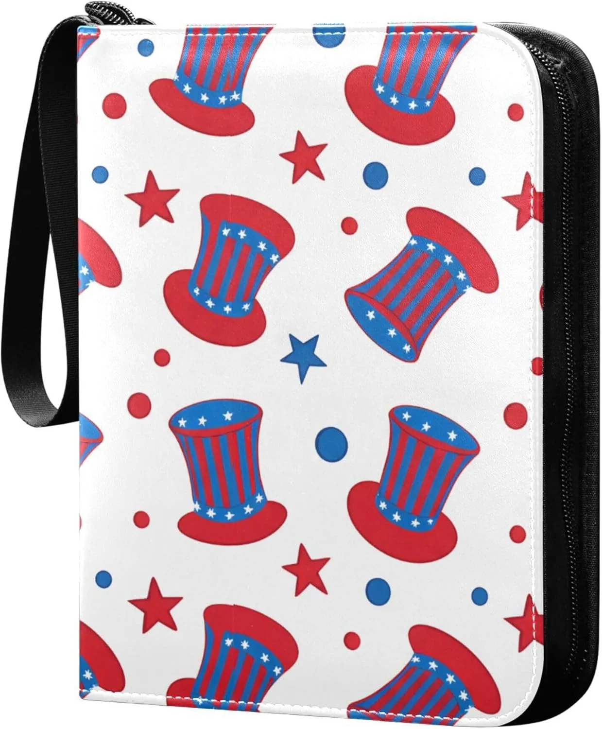 The USA Flag Hat and Stars Card Binder 4 Pocket Collectible Trading Card Albums with 50 Sleeves Double Side PU Waterproof 3 Ring for Sports & Game Cards