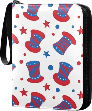 The USA Flag Hat and Stars Card Binder 4 Pocket Collectible Trading Card Albums with 50 Sleeves Double Side PU Waterproof 3 Ring for Sports & Game Cards