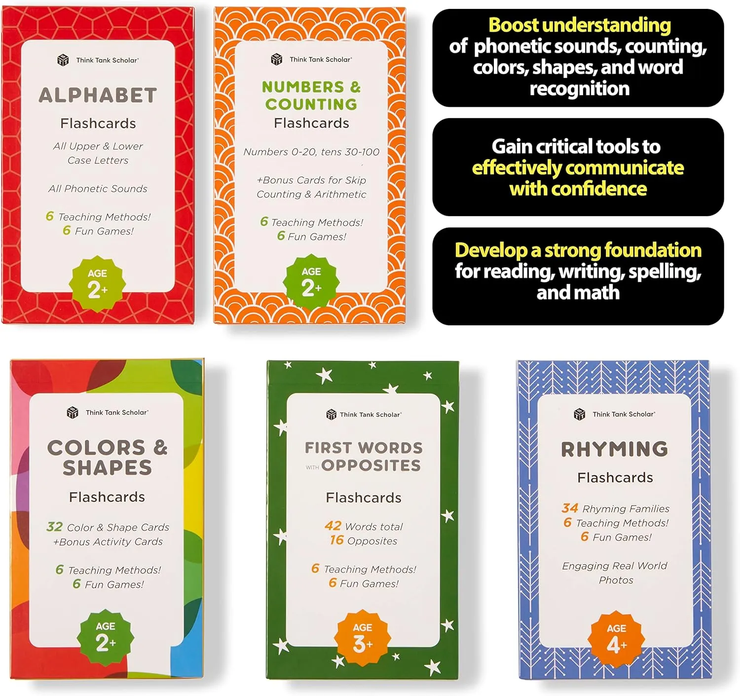 Think Tank Scholar Flash Cards for Preschool, Pre K and Kindergarten Set of 5, 180 Cards - Learn Alphabets, Colors, Number, Shapes Animals & Sight Words - Educational Flashcards for Kids 2-5 Years