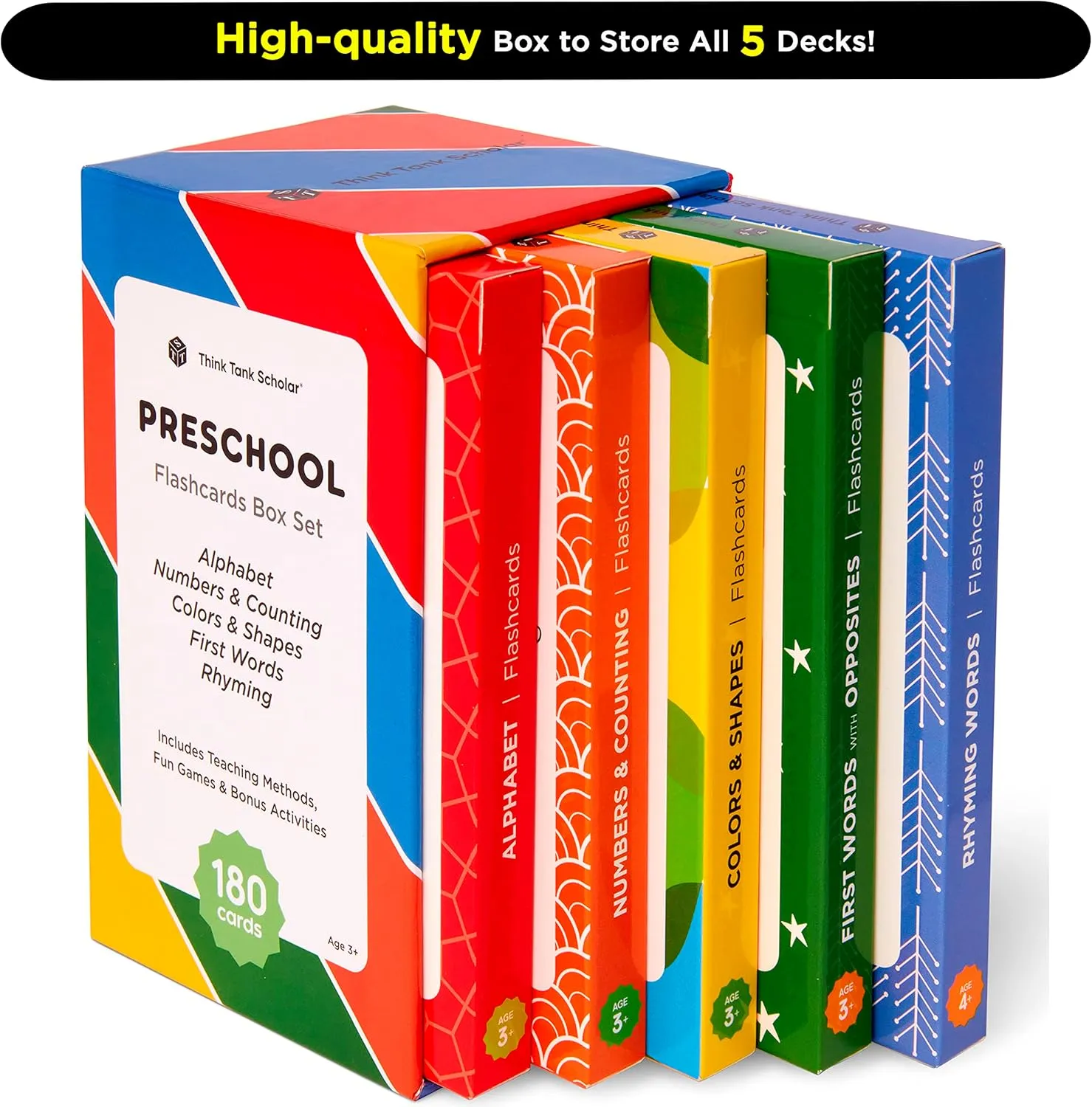 Think Tank Scholar Flash Cards for Preschool, Pre K and Kindergarten Set of 5, 180 Cards - Learn Alphabets, Colors, Number, Shapes Animals & Sight Words - Educational Flashcards for Kids 2-5 Years