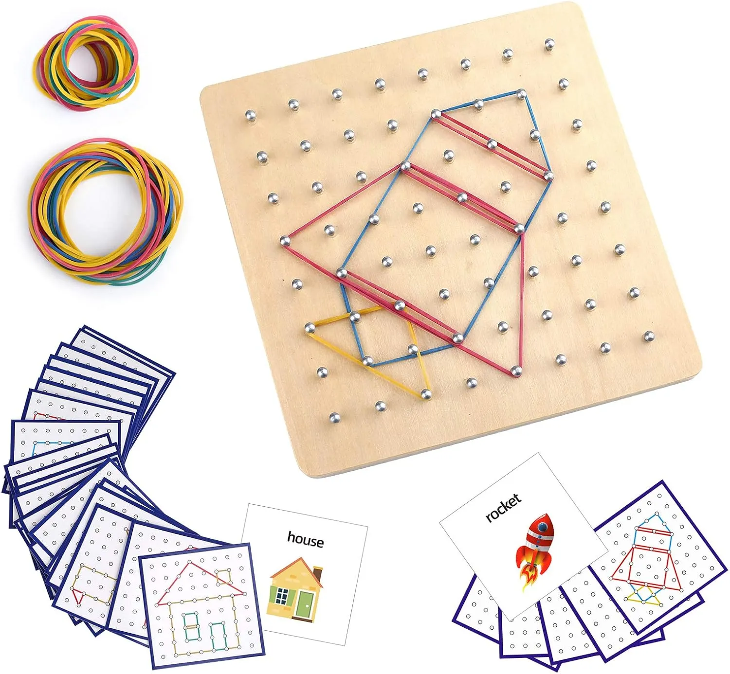 Thoth Montessori Wooden Geoboard Mathematical Manipulative Material Array Block Geo board with 36Pcs Pattern Cards and Rubber Bands Matrix 8x8 for Kids Graphical Educational Toys Early Development Toy