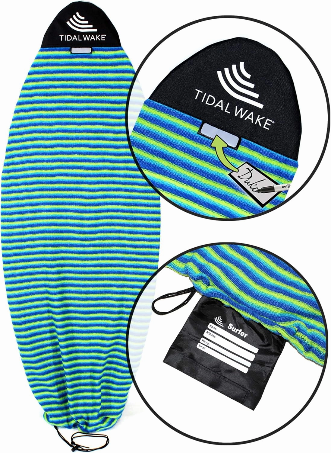 Tidal Wake TAG-IT Surf & Wake Board Sock Bag with Built-in Name Tag, Round Nose Style, 60", Tag Your Bag - Personalize with Your Name!
