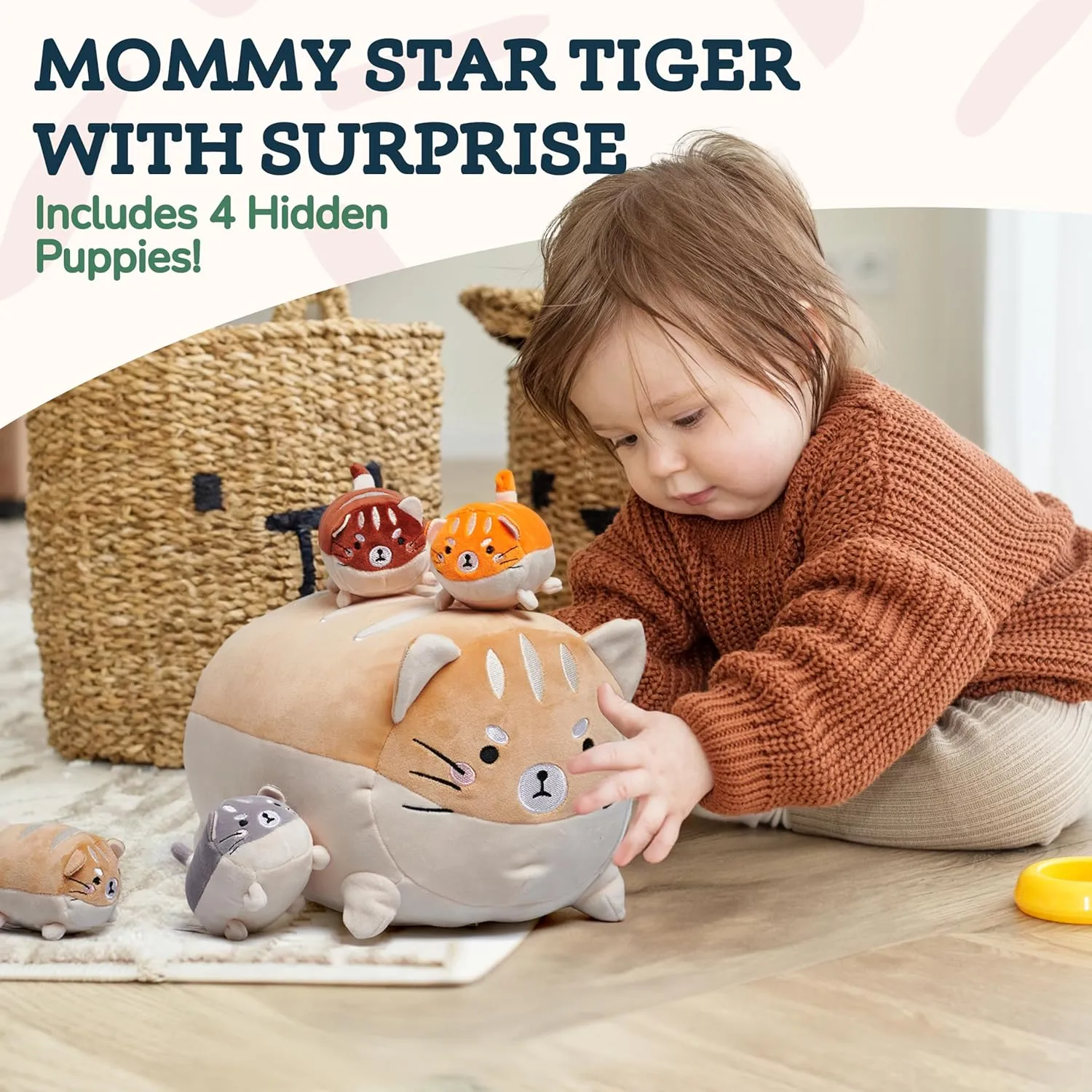 Tiger with Puppies Plush Toy Set - Soft Textiles - Includes 1 Mommy Tiger and 4 Cubs - Cute Stuffed Animals for Girls - Orange White