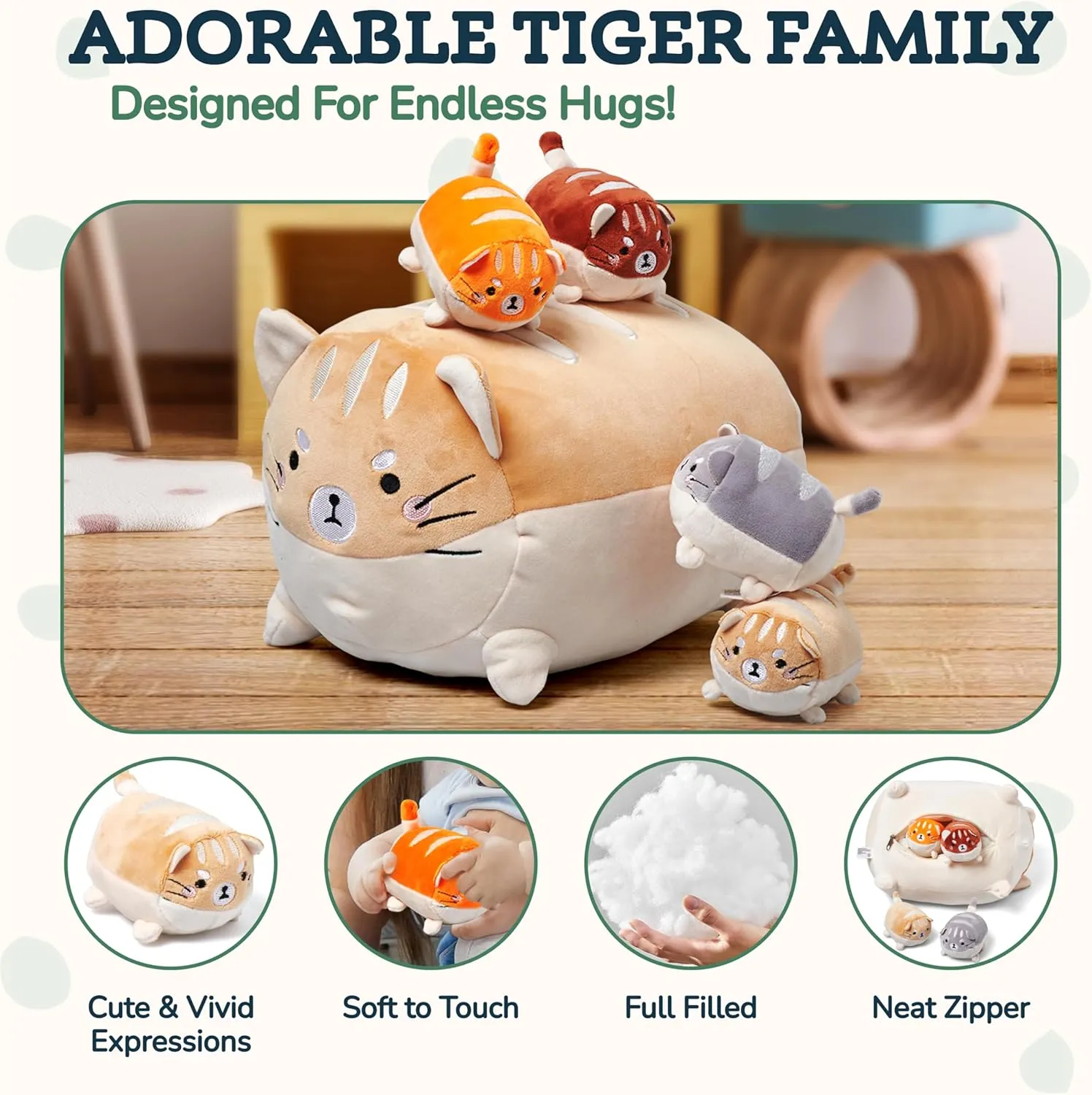 Tiger with Puppies Plush Toy Set - Soft Textiles - Includes 1 Mommy Tiger and 4 Cubs - Cute Stuffed Animals for Girls - Orange White