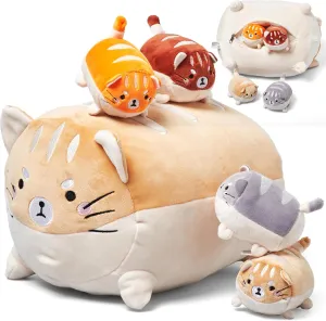 Tiger with Puppies Plush Toy Set - Soft Textiles - Includes 1 Mommy Tiger and 4 Cubs - Cute Stuffed Animals for Girls - Orange White