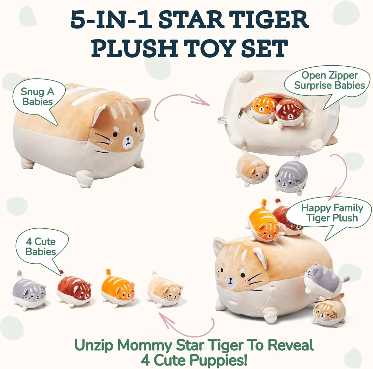 Tiger with Puppies Plush Toy Set - Soft Textiles - Includes 1 Mommy Tiger and 4 Cubs - Cute Stuffed Animals for Girls - Orange White