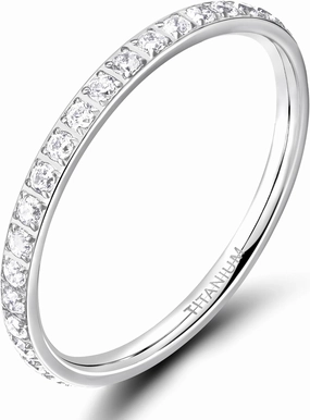 TIGRADE 2mm Women Titanium Eternity Ring Cubic Zirconia Anniversary Wedding Engagement Band Size 3-13.5