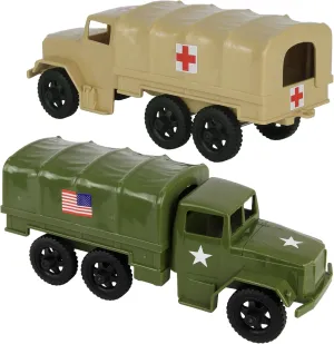 TimMee Plastic Army Men Trucks - OD Green & Tan M34 Deuce and a Half Cargo Vehicles US Made