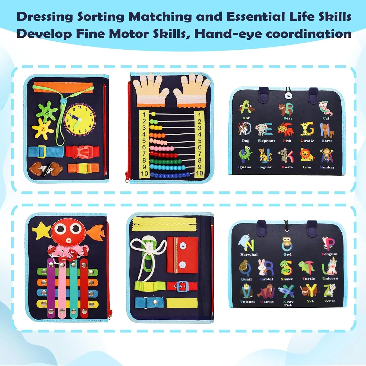 Toddler Busy Board Montessori Educational Learning Sensory Toys for 1 2 3 4 Year Old, Felt Busy Book Christmas Birthday Gifts for Toddlers Travel Toys for Airplane Car, Black