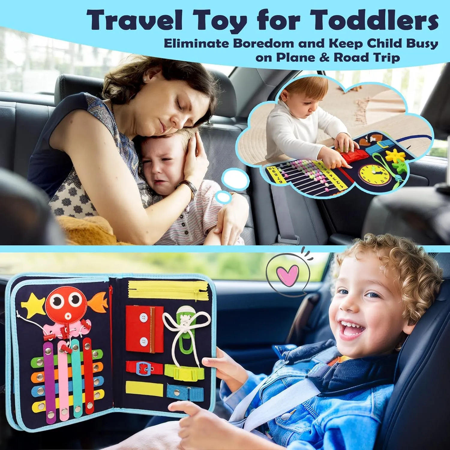 Toddler Busy Board Montessori Educational Learning Sensory Toys for 1 2 3 4 Year Old, Felt Busy Book Christmas Birthday Gifts for Toddlers Travel Toys for Airplane Car, Black