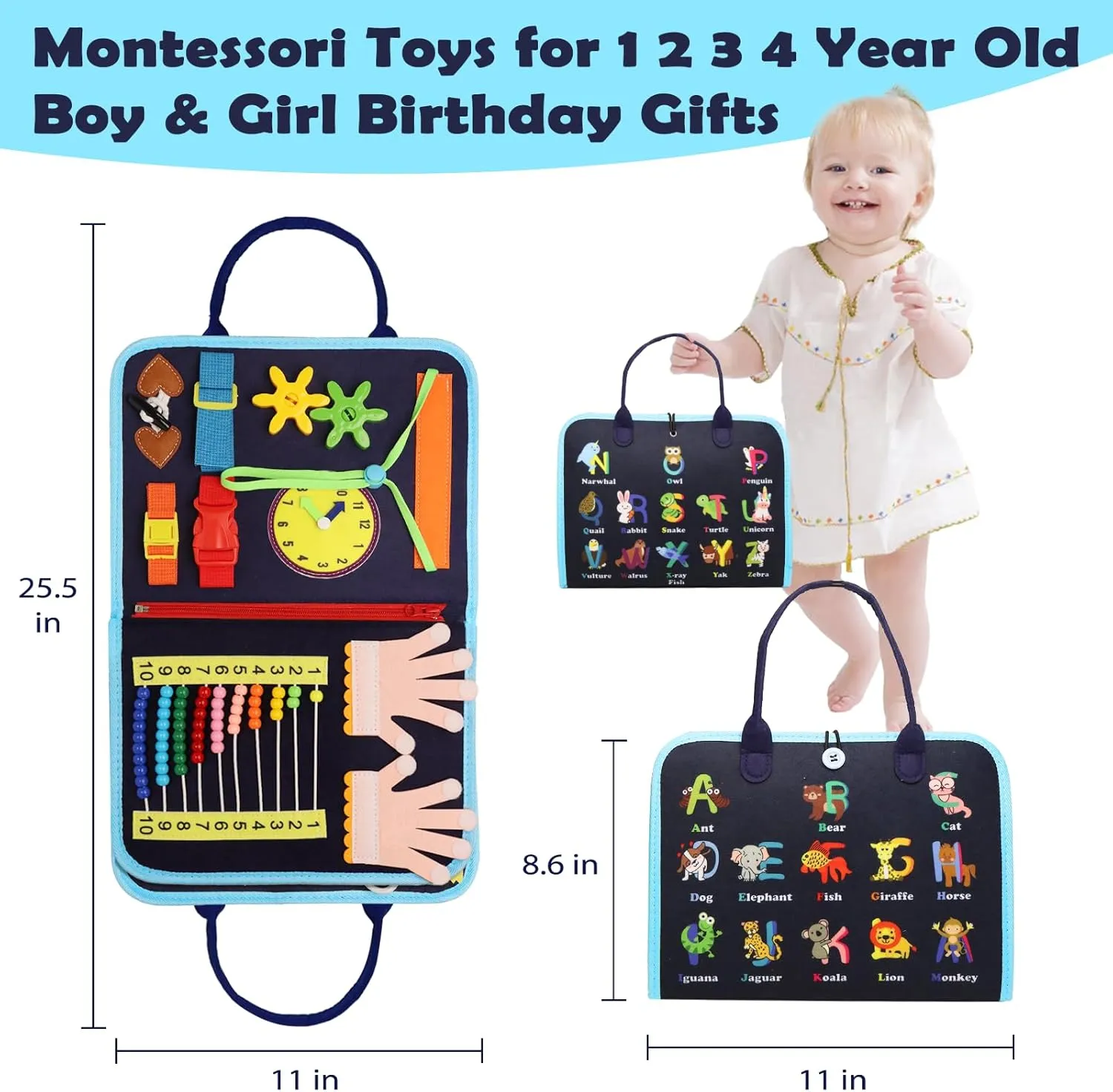 Toddler Busy Board Montessori Educational Learning Sensory Toys for 1 2 3 4 Year Old, Felt Busy Book Christmas Birthday Gifts for Toddlers Travel Toys for Airplane Car, Black