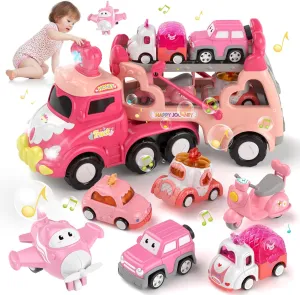 Toddler Girl Truck Toys for 1 2 3 Year Old Girl Birthday Gifts, 7-in-1 Pink Princess Car Transport Carrier Trucks for Toddlers 1-3, Friction Power Toy Cars with Lights & Music, My daughter First Gift