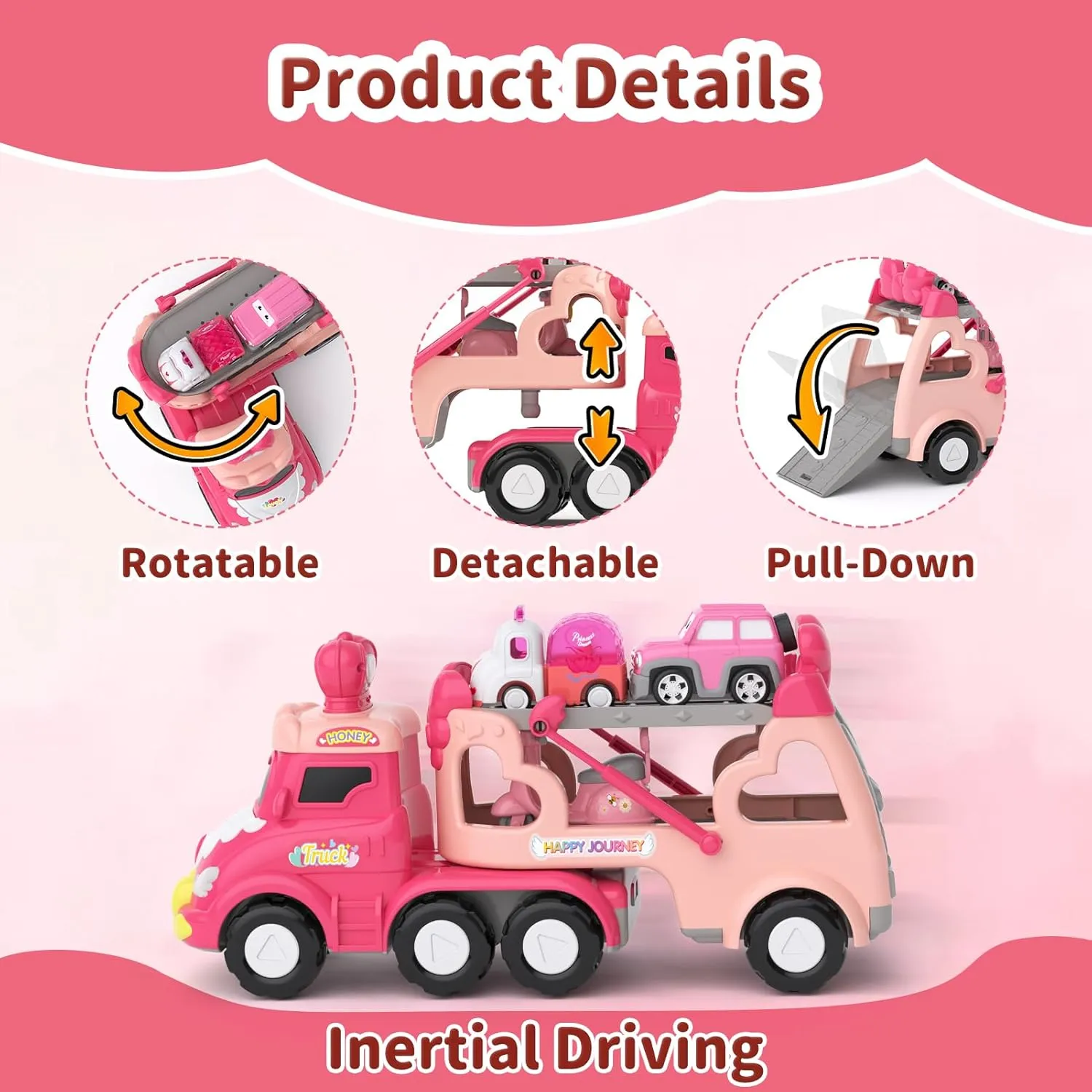 Toddler Girl Truck Toys for 1 2 3 Year Old Girl Birthday Gifts, 7-in-1 Pink Princess Car Transport Carrier Trucks for Toddlers 1-3, Friction Power Toy Cars with Lights & Music, My daughter First Gift