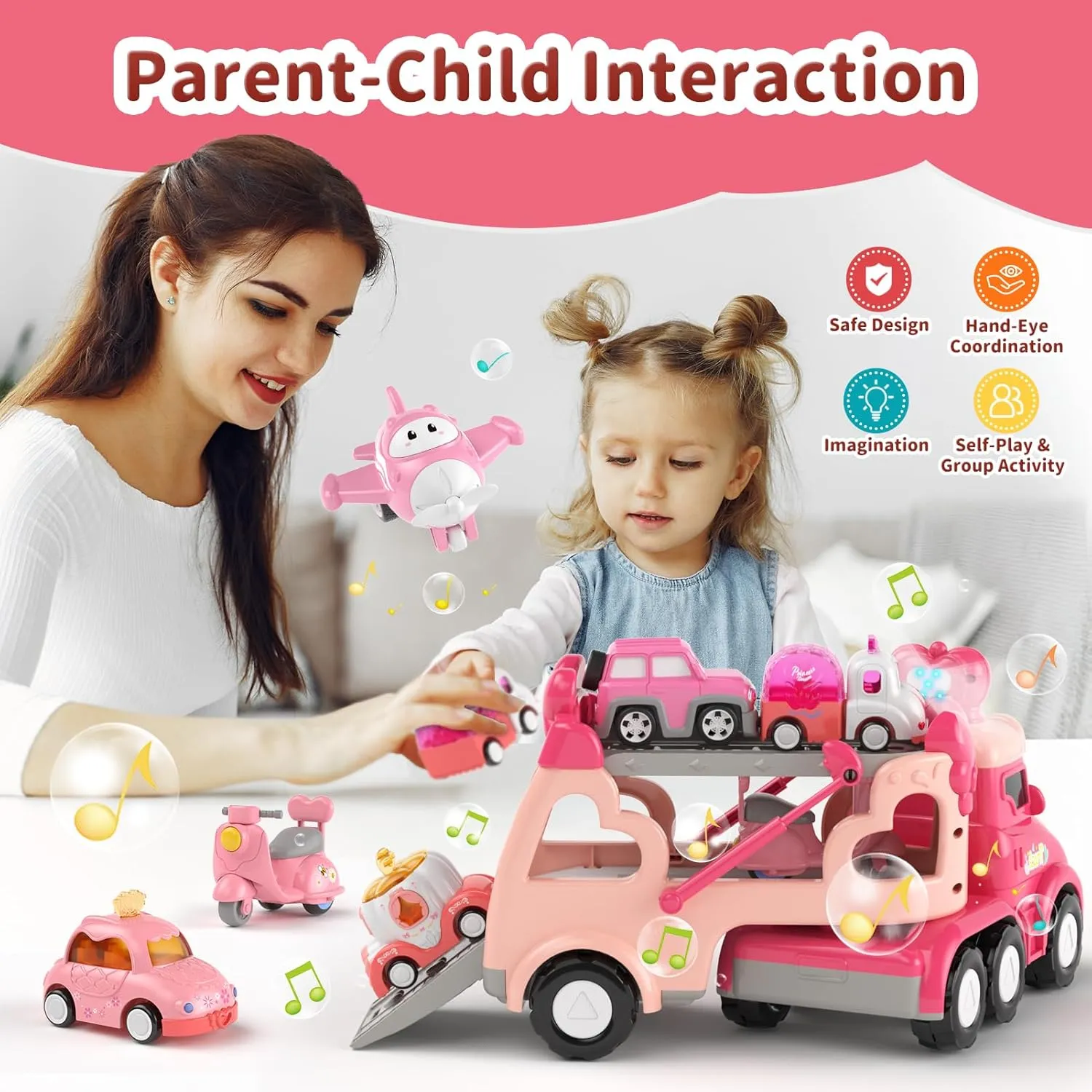 Toddler Girl Truck Toys for 1 2 3 Year Old Girl Birthday Gifts, 7-in-1 Pink Princess Car Transport Carrier Trucks for Toddlers 1-3, Friction Power Toy Cars with Lights & Music, My daughter First Gift