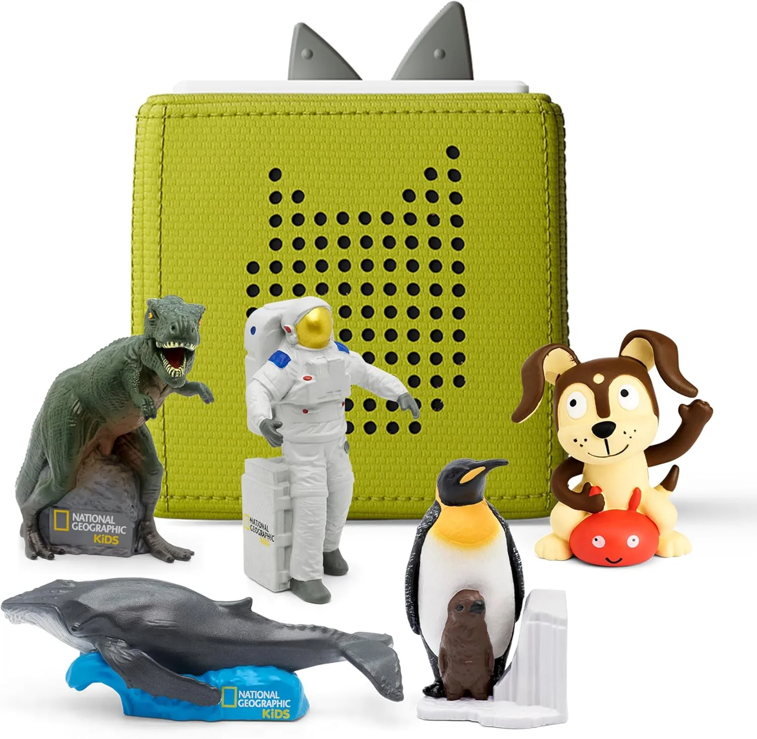 Toniebox Audio Player Starter Set with National Geographic Astronaut, Dinosaur, Whale, Penguin, and Playtime Puppy - Listen, Learn, and Play with One Huggable Little Box - Green
