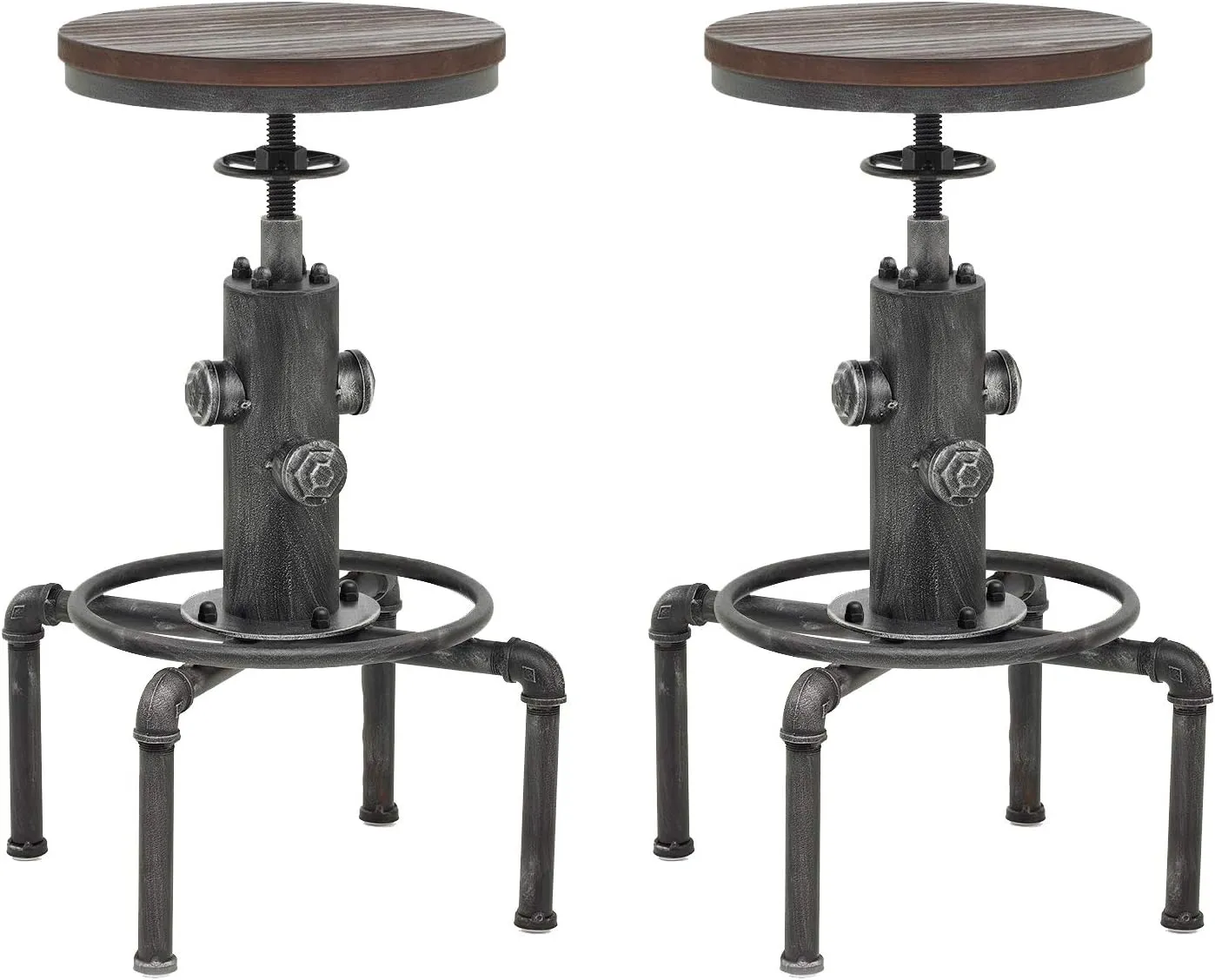 Topower Antique Vintage Industrial Barstool Solid Wood Water Pipe Fire Hydrant Design Cafe Coffee Industrial Bar Stool Set of 2 Silver