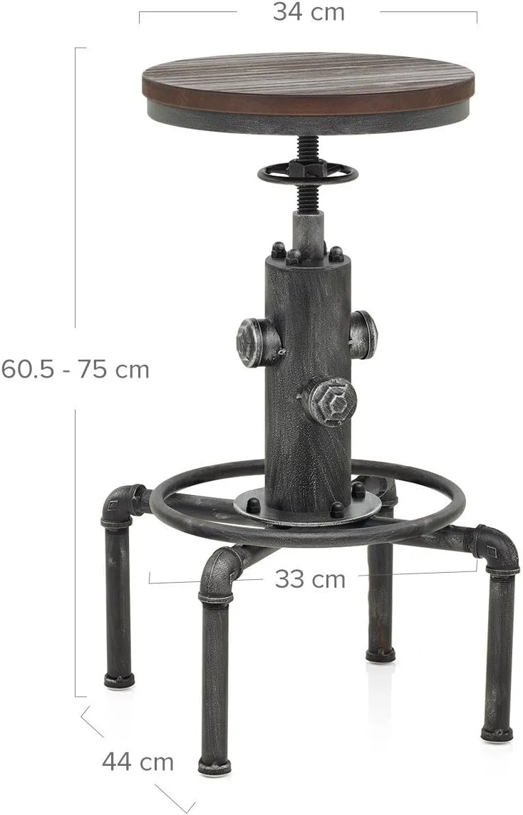 Topower Antique Vintage Industrial Barstool Solid Wood Water Pipe Fire Hydrant Design Cafe Coffee Industrial Bar Stool Set of 2 Silver