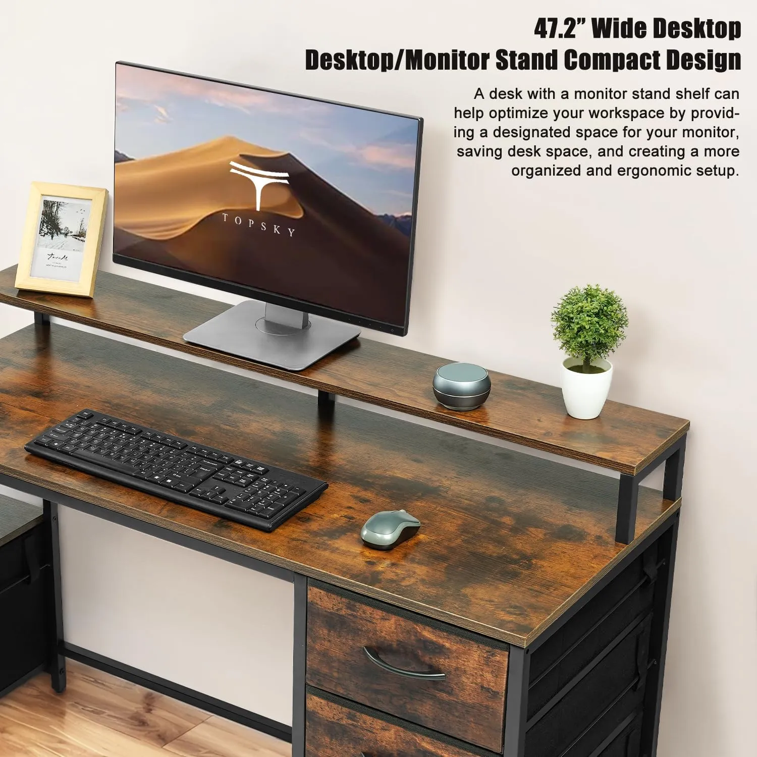 TOPSKY Computer Desk with Storage Shelf/Cloth File Drawer for Letter Size/Monitor Stand Study Table for Home Office (Rustic Brown, 62.4 inch)