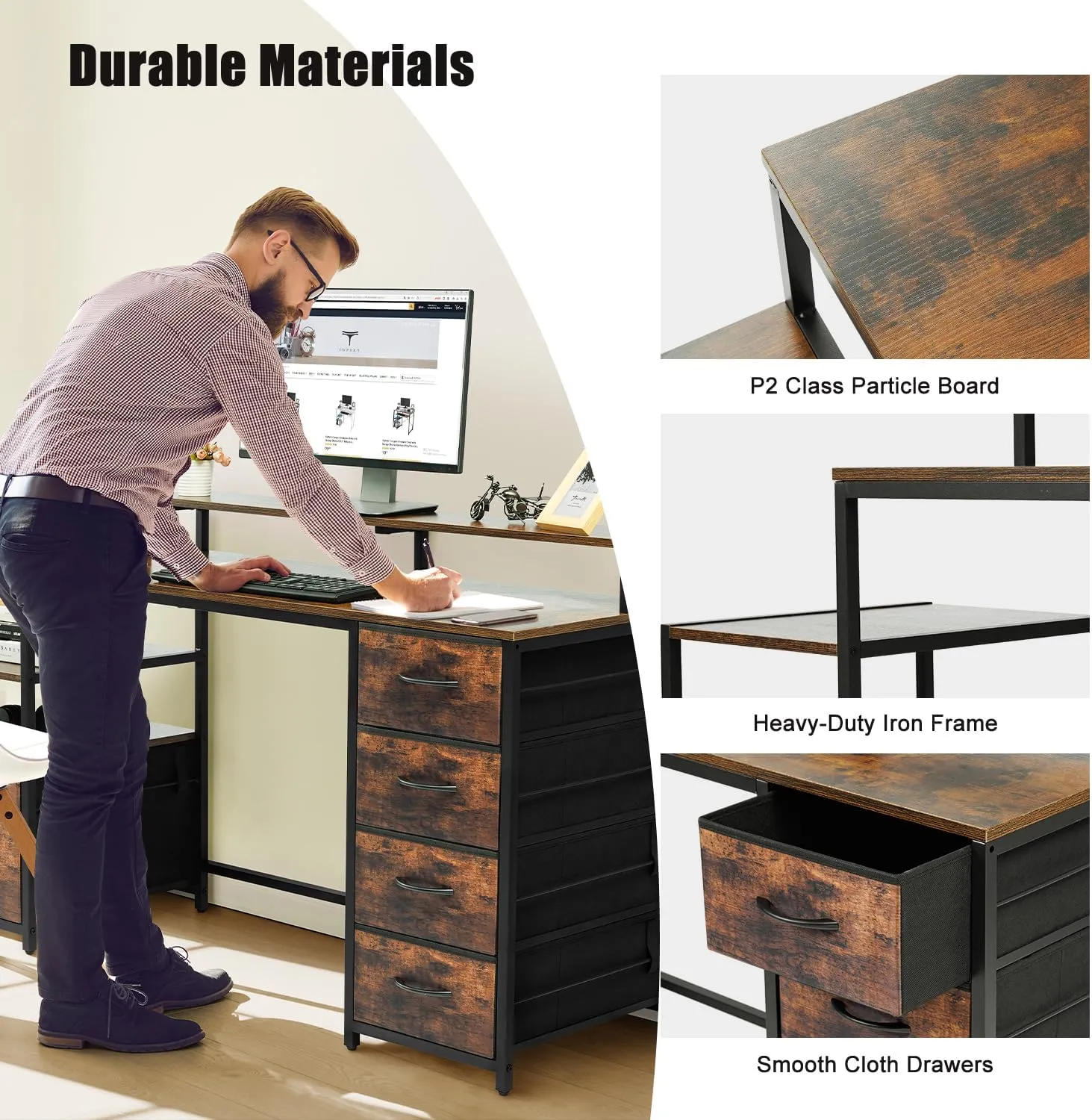 TOPSKY Computer Desk with Storage Shelf/Cloth File Drawer for Letter Size/Monitor Stand Study Table for Home Office (Rustic Brown, 62.4 inch)